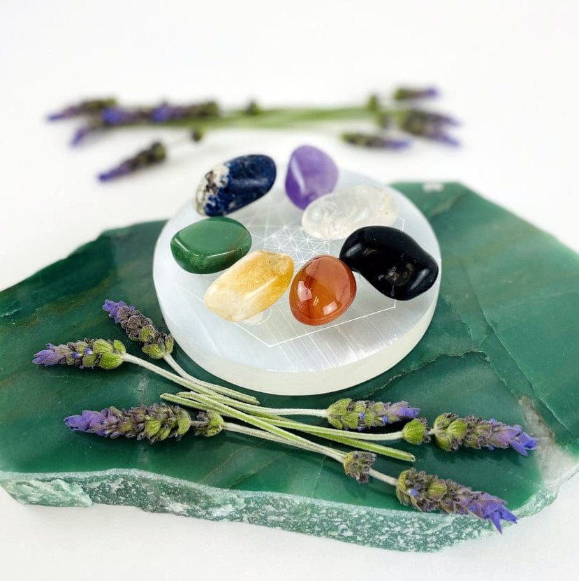 selenite moon phase engraved charging plate with stones for size reference and display ideas