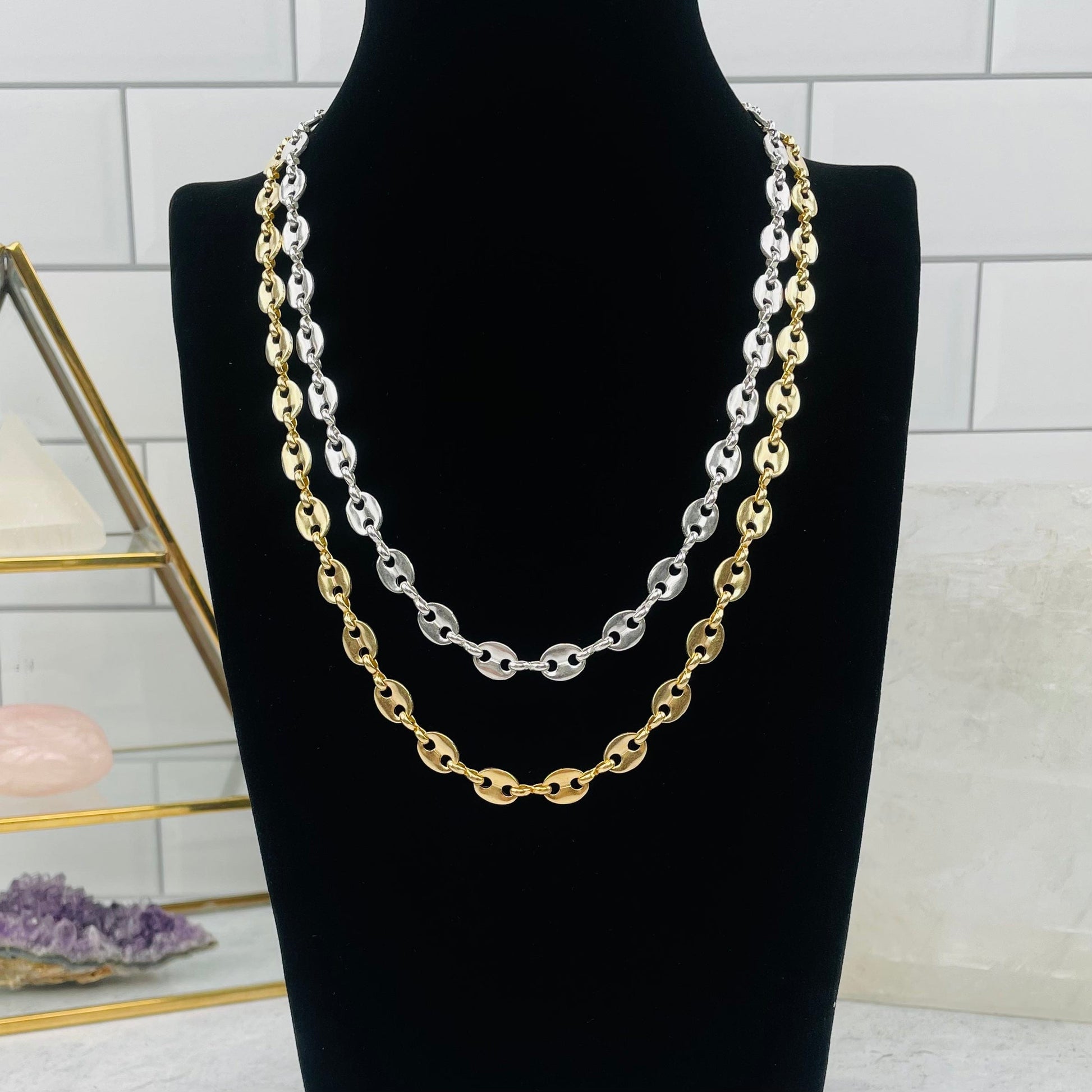 Fancy Link Chain Necklace displayed to show the differences in the sizes 