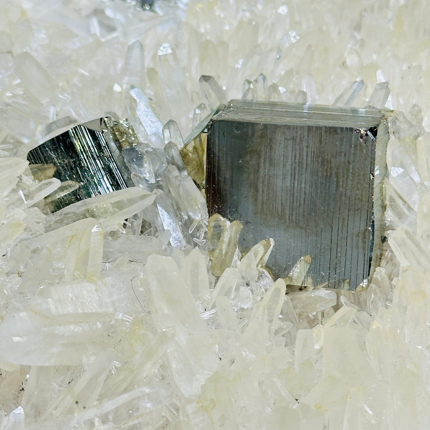 Cubic Pyrite on High Grade Crystal Quartz Cluster - Rare Find closeup for detail