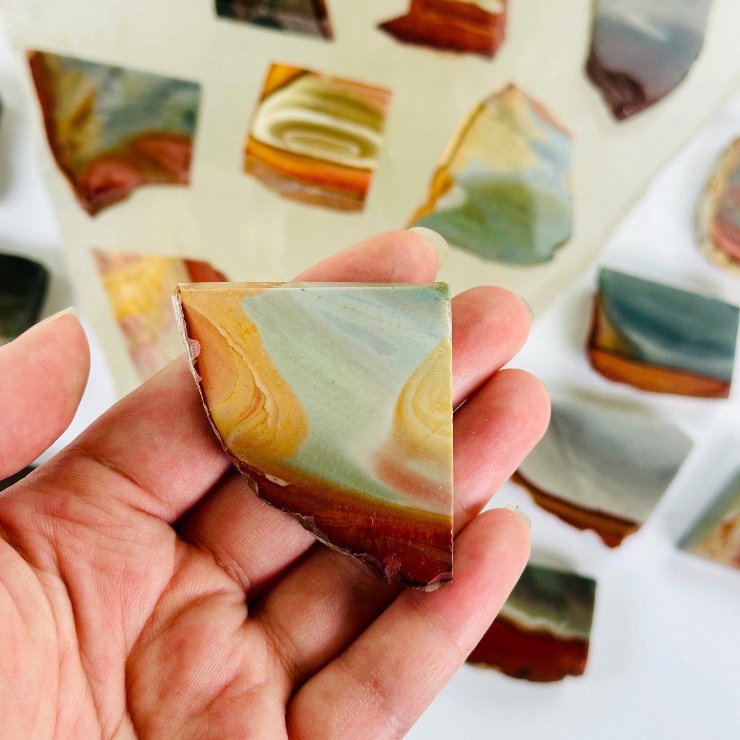 Polychrome Jasper Semi Polished Crystal Slab - You Choose #2 one variant in hand for size reference with other variants in background