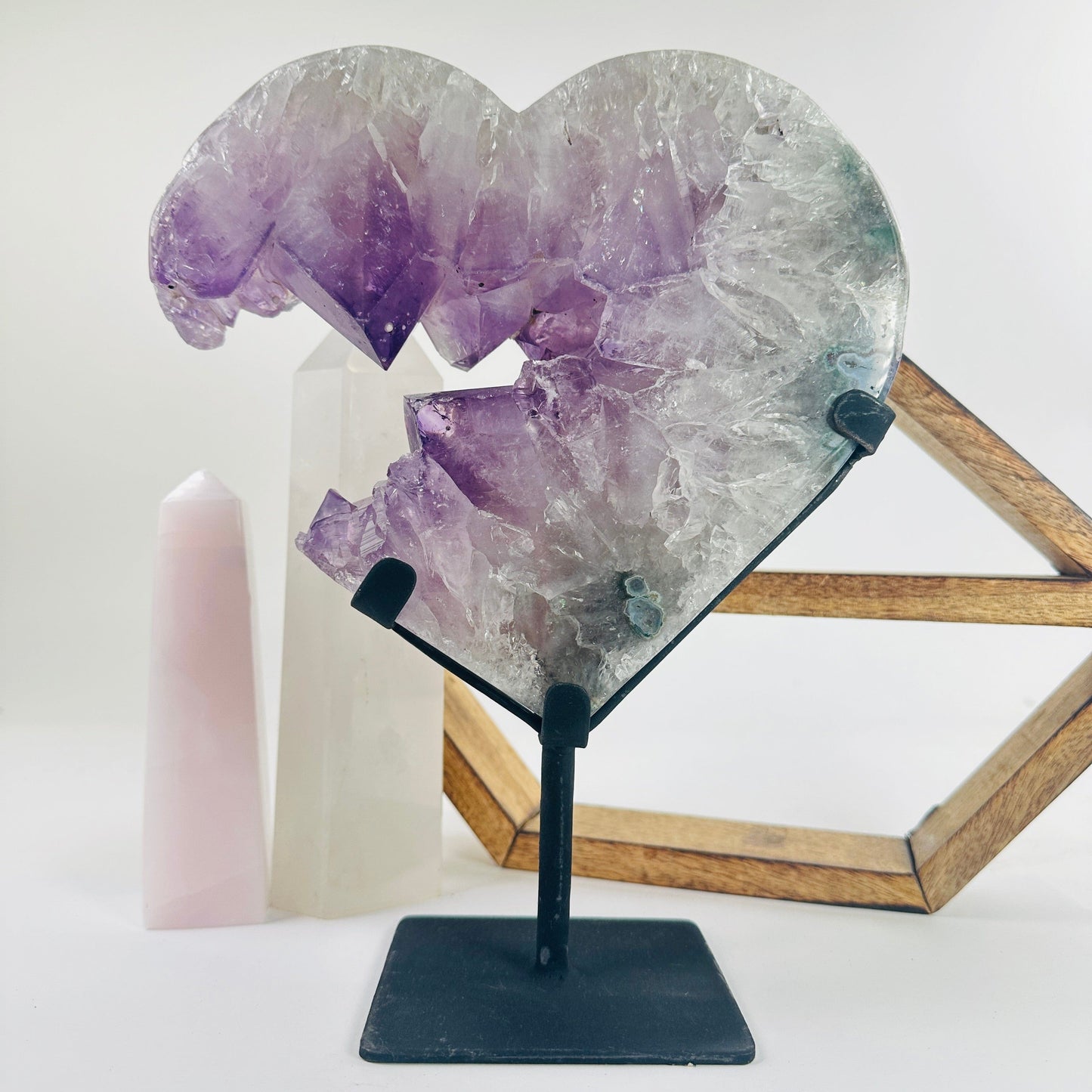 Amethyst Crystal Heart on Black Metal Stand - Valentine's Day Gift