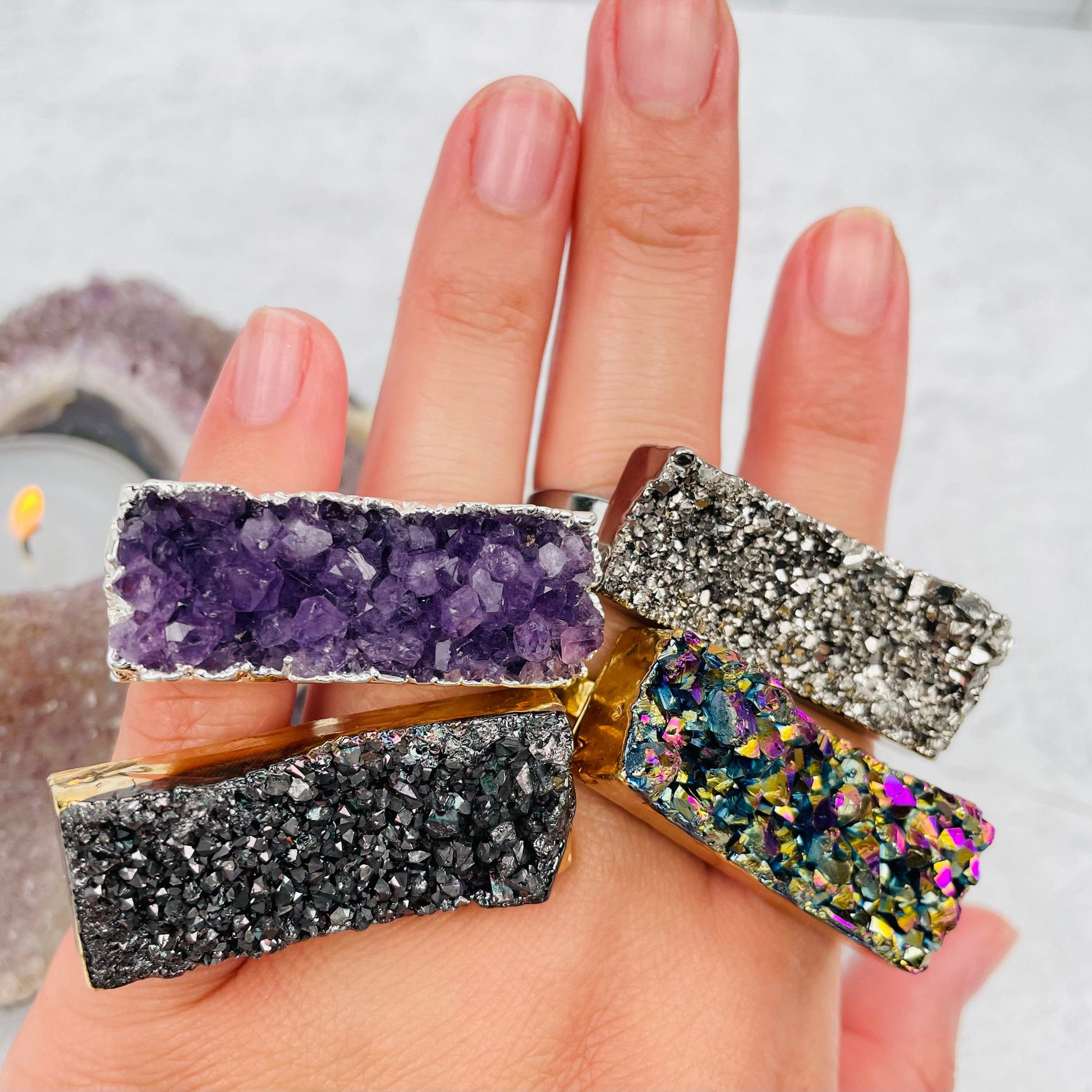 Rectangular Druzy - Double Finger Adjustable Ring - Choose the Finish