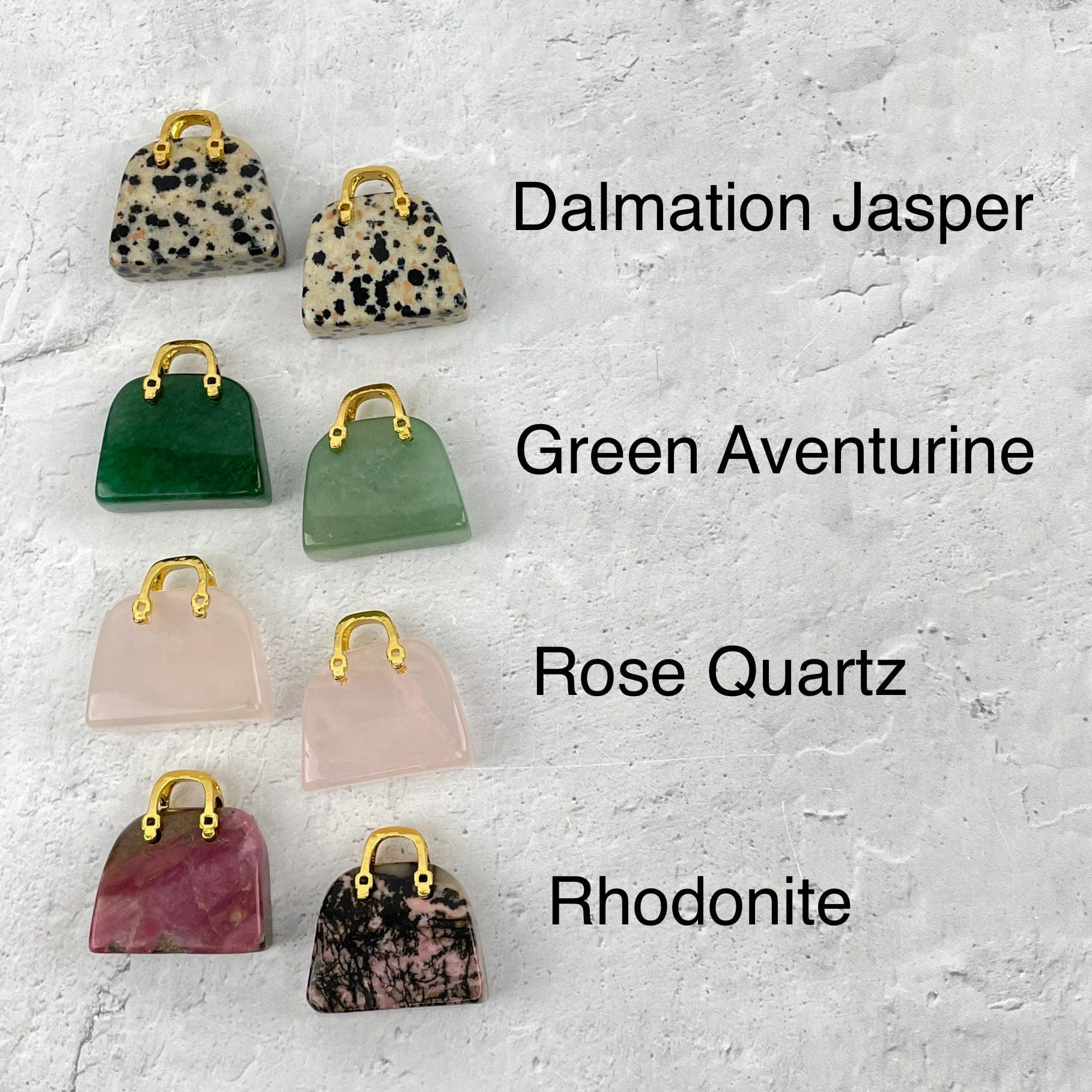 crystal purse next to its gemstone name 