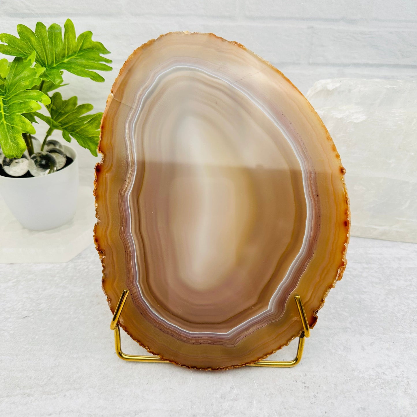 Crystal Slice Holder- Slab Stand of Brass displayed as home decor 