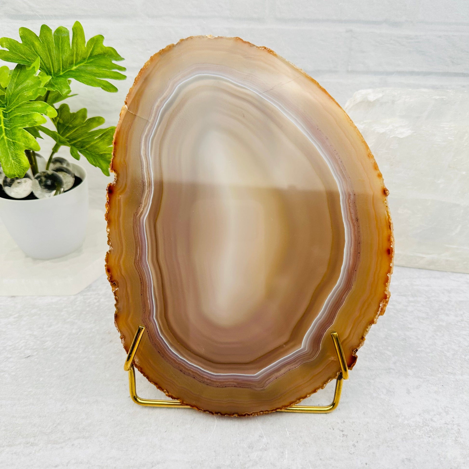 Crystal Slice Holder- Slab Stand of Brass displayed as home decor 