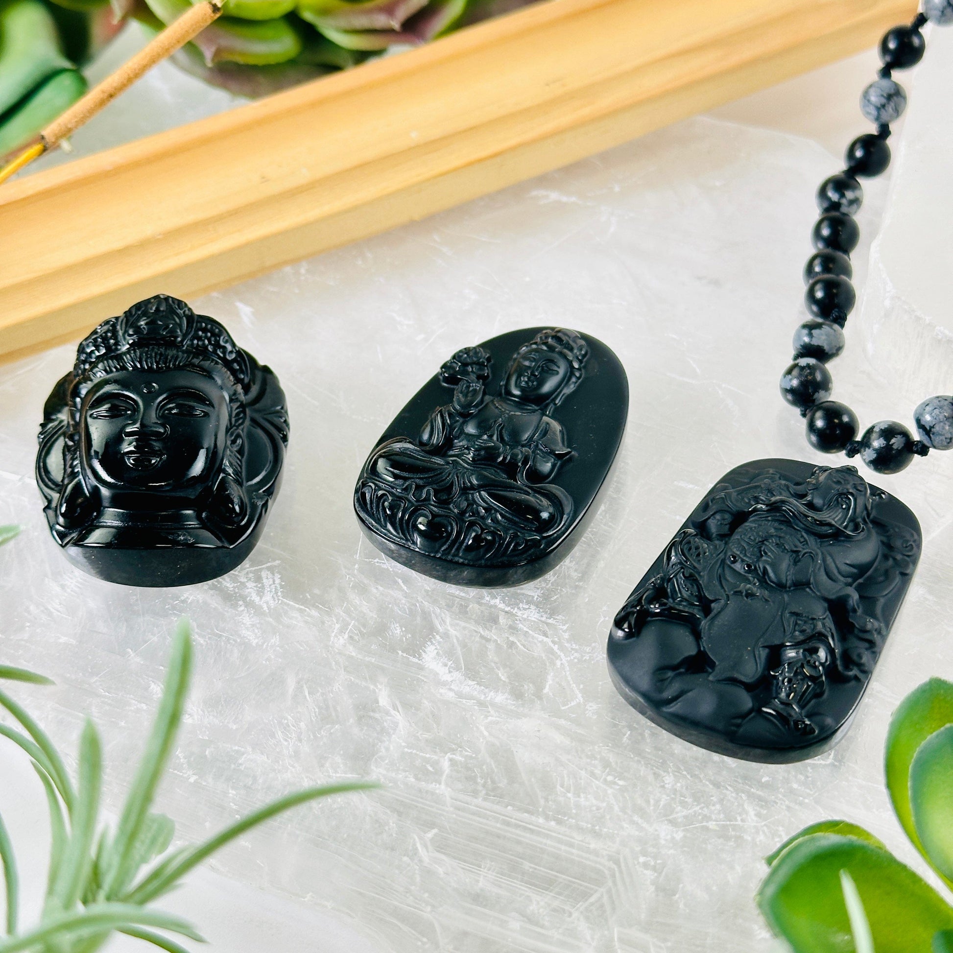 Black Obsidian Buddha Head, Sitting Buddha, or Guan Yu Carved Crystal Pendant - You Choose Style all variants side view
