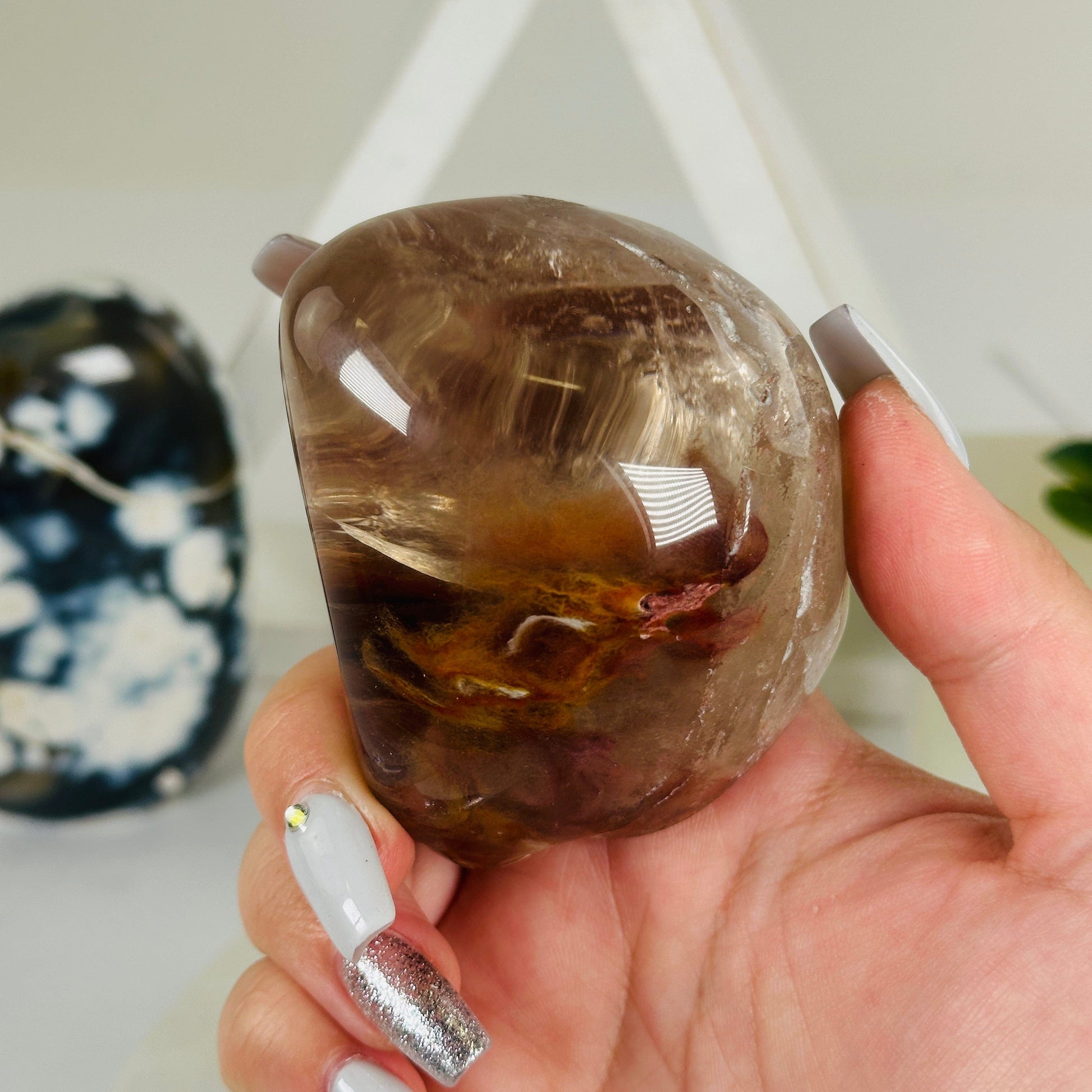 Amphibole Quartz Polished Crystal Lens - One-of-a-Kind in hand for size reference