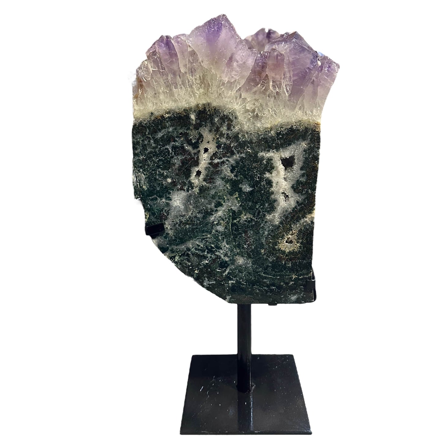 amethyst with jasper on metal stand on white background