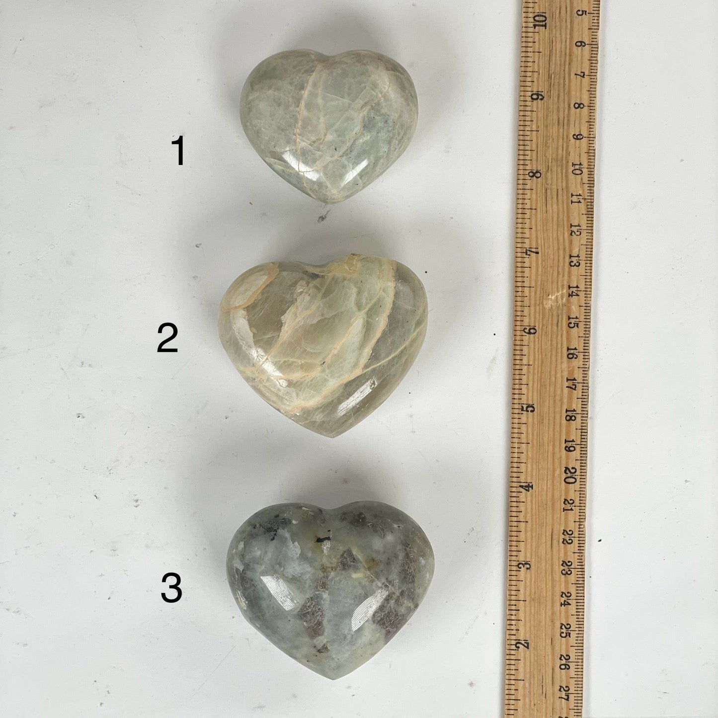 Garnierite Green Moonstone Crystal Heart - You Choose variants 1, 2, and 3 labeled with ruler for size reference