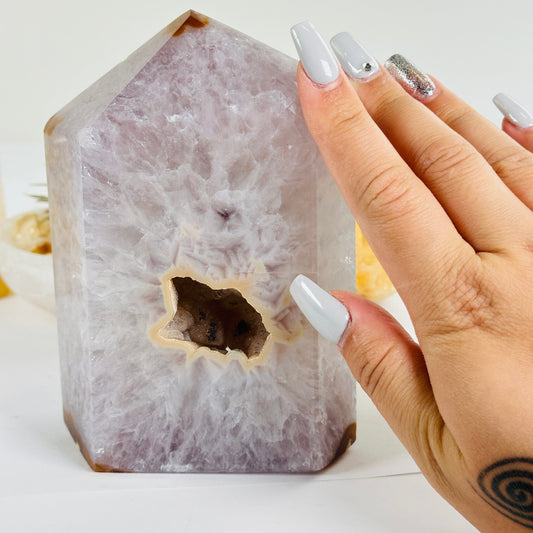 Agate Amethyst Druzy Geode Polished Crystal Point - One-of-a-Kind #2 with hand for size reference