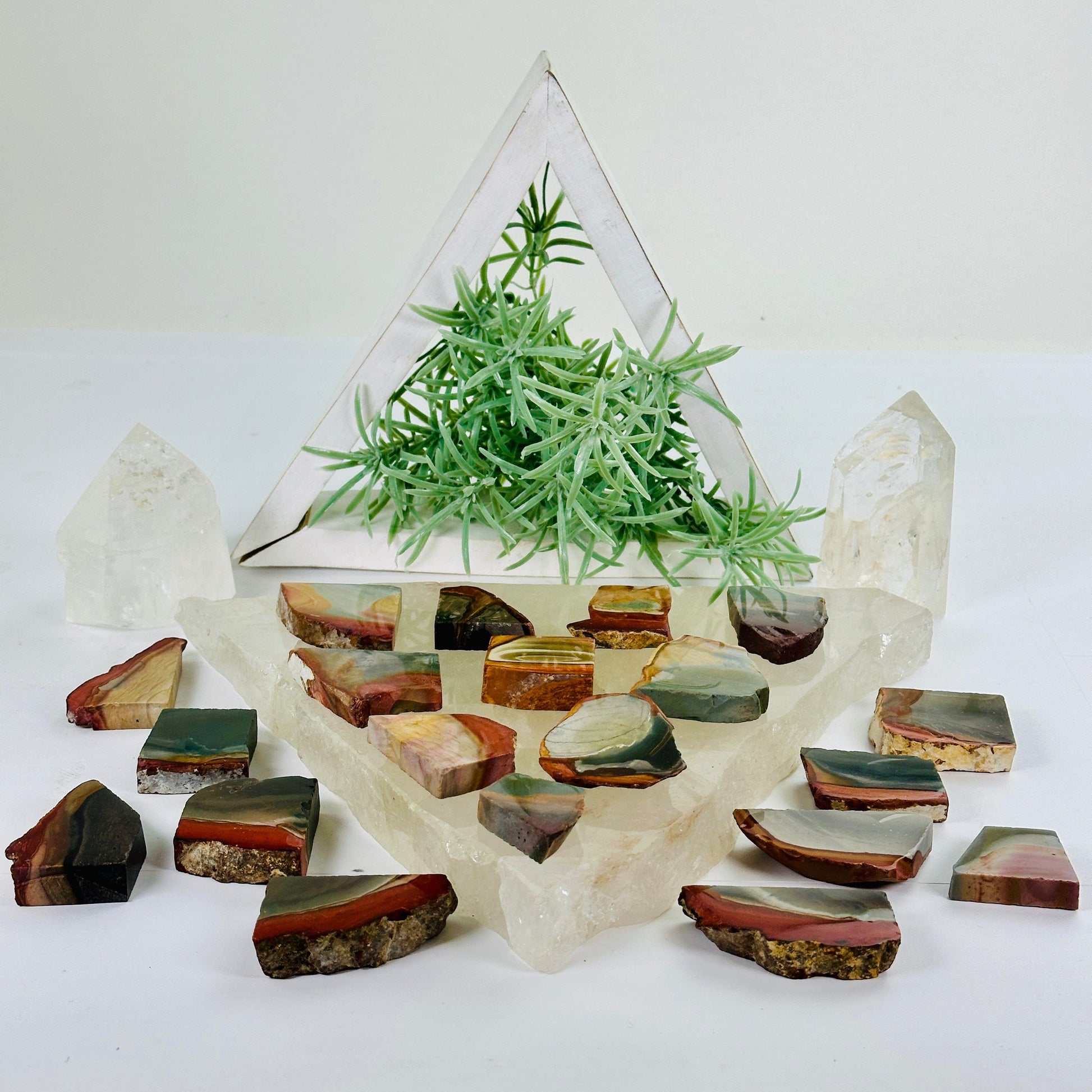 Polychrome Jasper Semi Polished Crystal Slab - You Choose #2 all variants side view with plants and props in the background