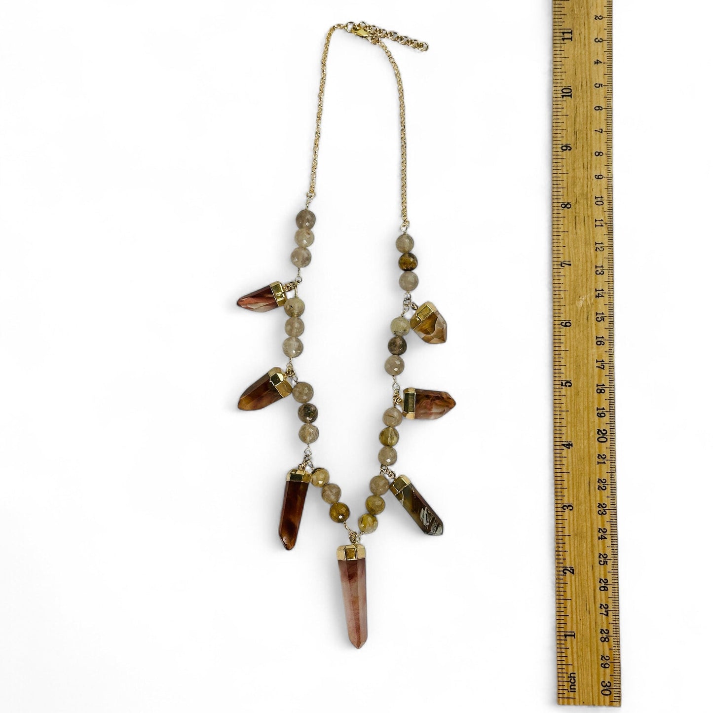 Amphibole and Rutilated Quartz Crystal Charm Necklace - Gold over Sterling Silver with ruler for size reference