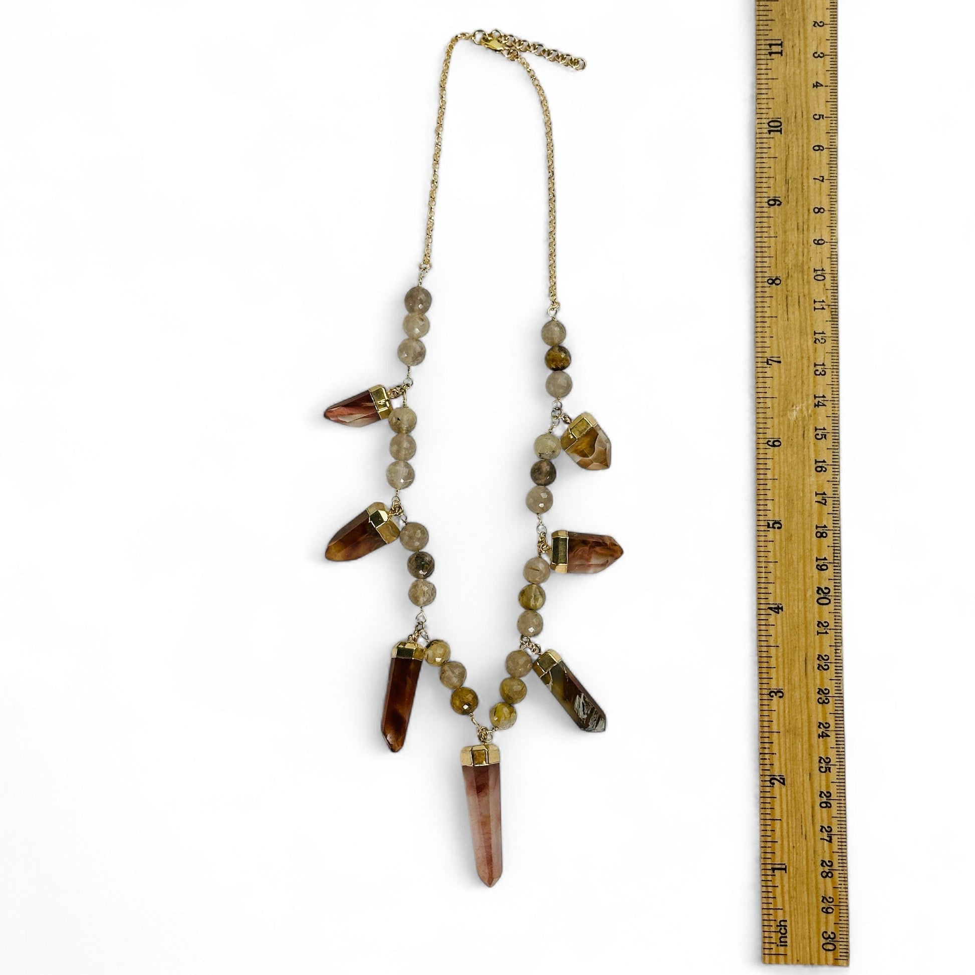 Amphibole and Rutilated Quartz Crystal Charm Necklace - Gold over Sterling Silver with ruler for size reference