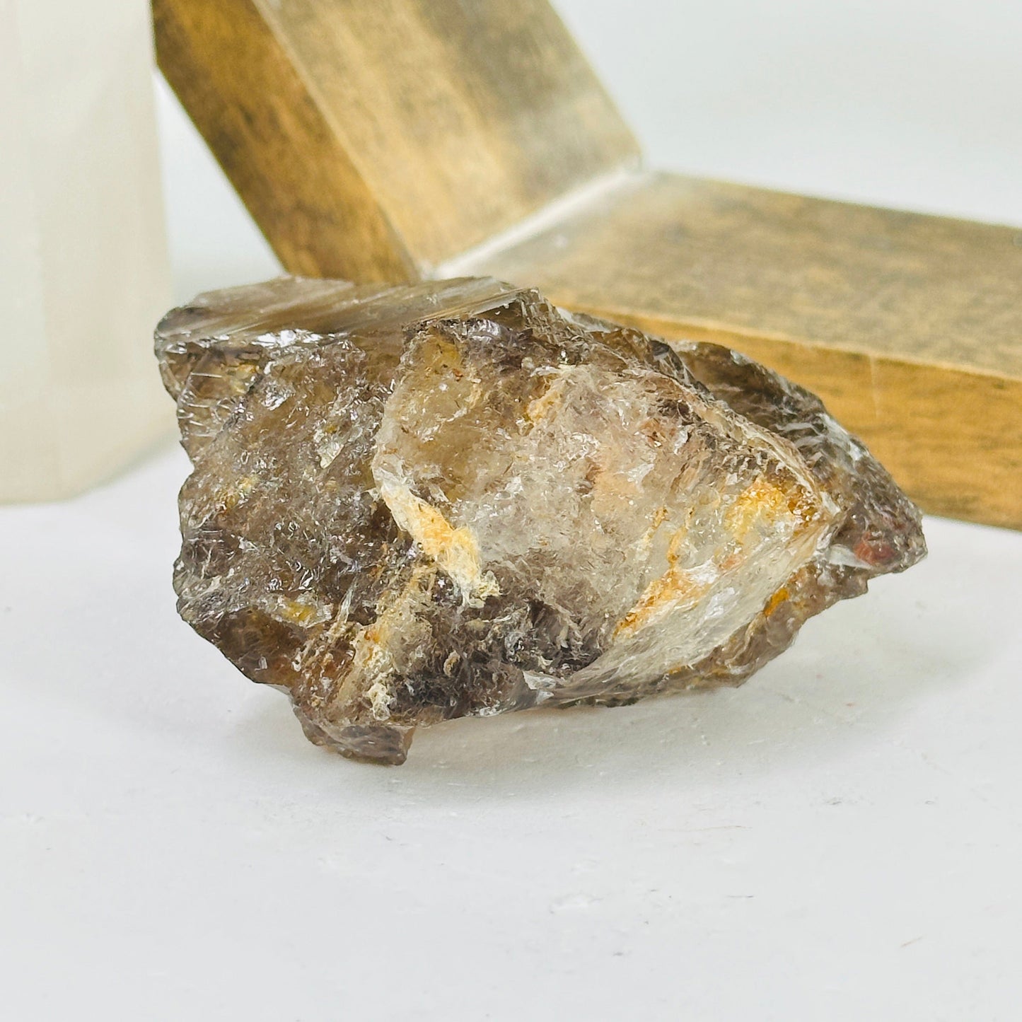 alligator smokey quartz with decorations in the background