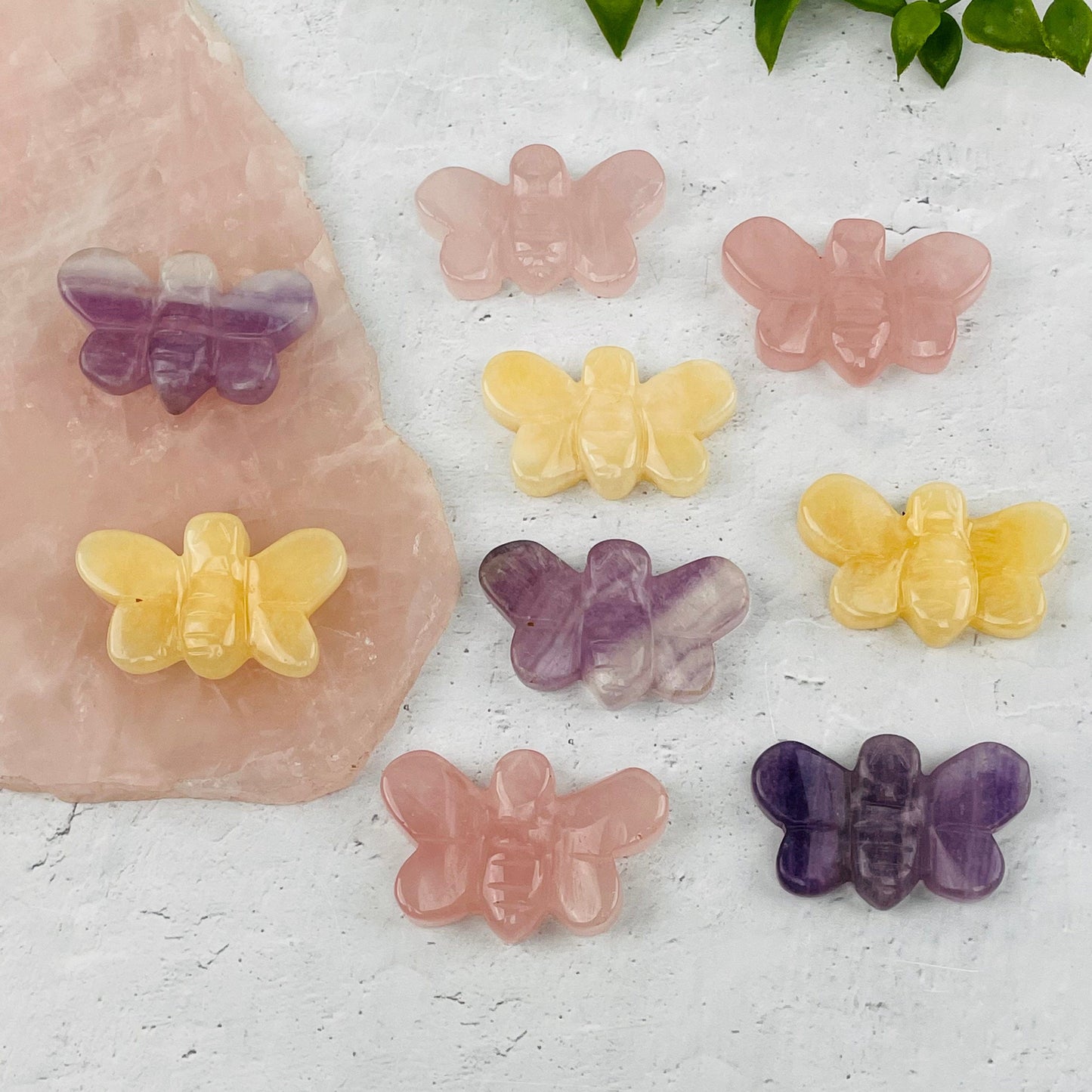 multiple bees displayed to show the differences in the crystal types 