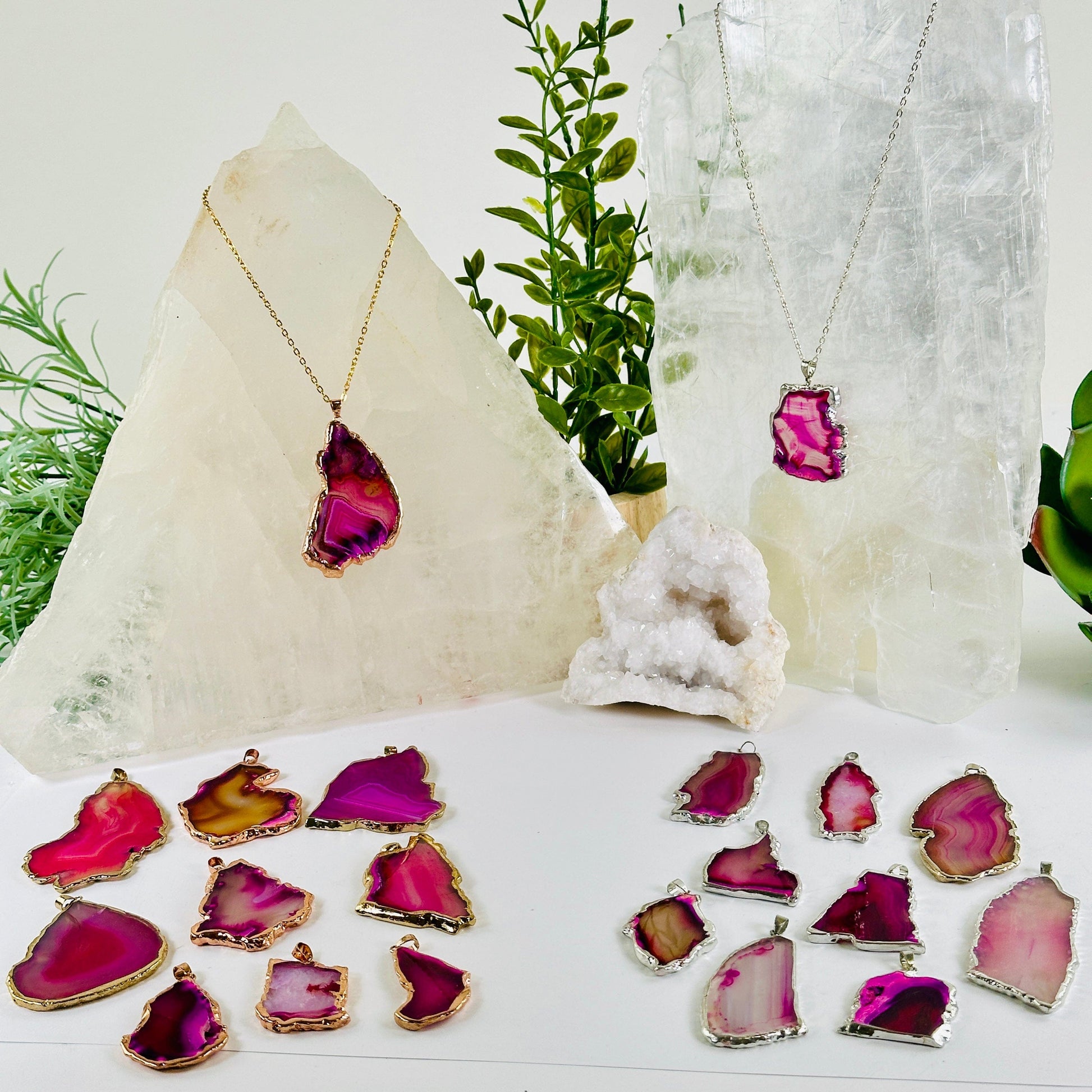 Agate Freeform Gold or Silver Plated Crystal Pendant - You Choose Color and Finish pink variant lifestyle shot