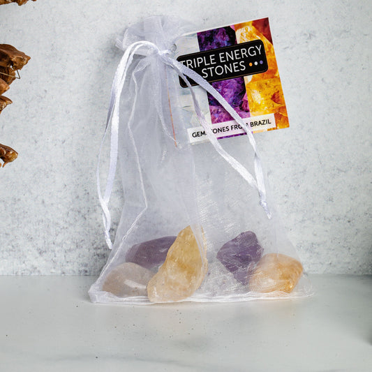 Triple Energy Set of Quartz, Amethyst and Citrine Tumbled and Rough - Tied & Tagged