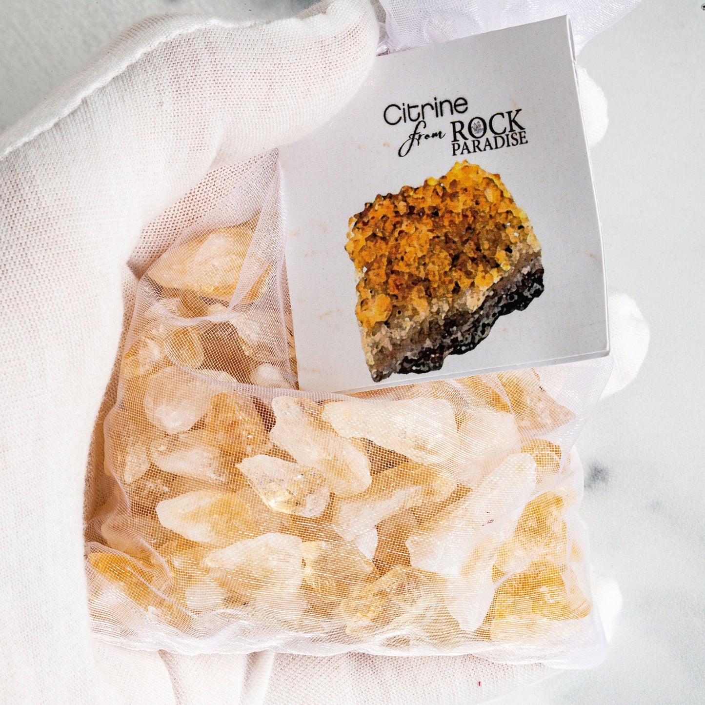 Citrine Stones - Golden Amethyst - Tied & Tagged in an Organza Bag up close