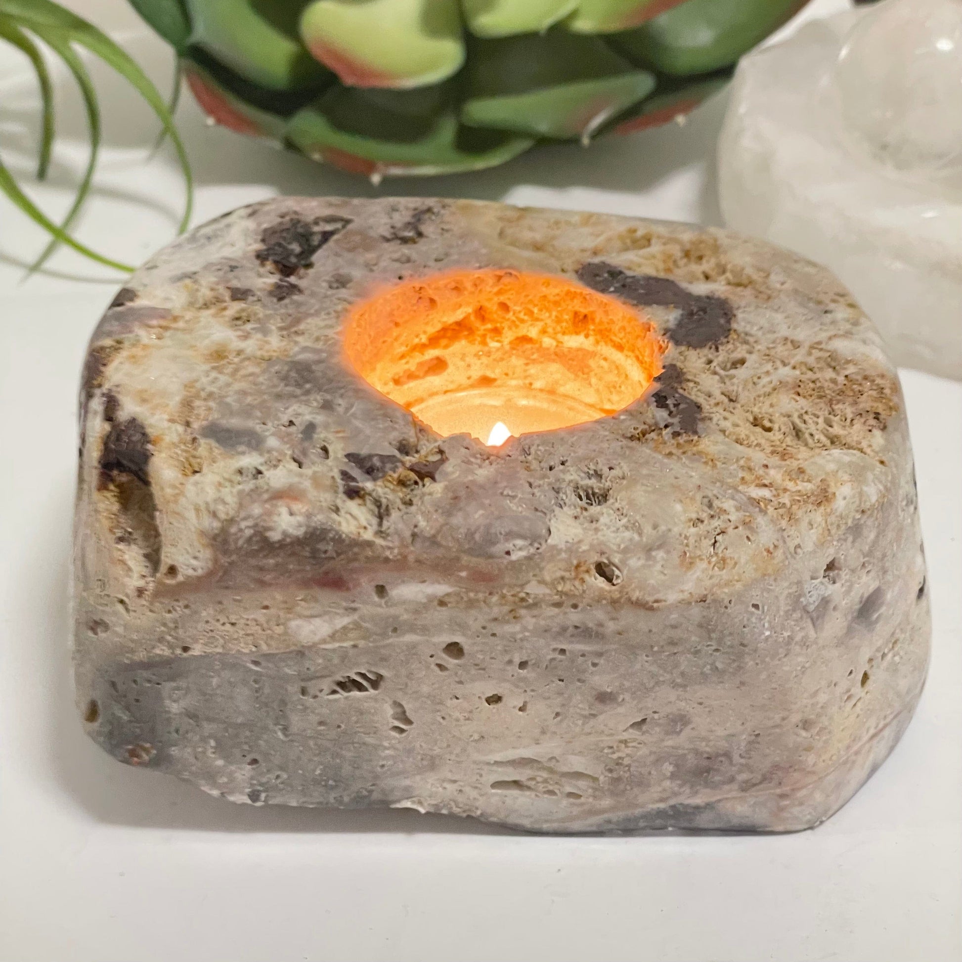 Pink Amethyst Crystal Candle Holder - One-of-a-Kind side view