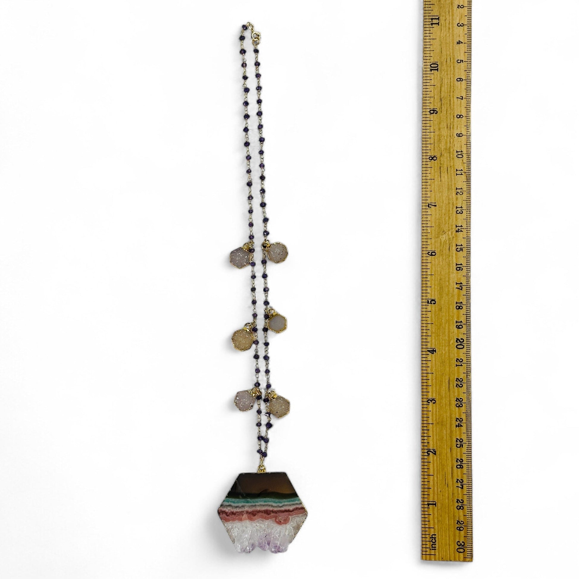 Amethyst Hexagon Crystal Charm Necklace with Amethyst Beaded Chain - Gold over Sterling Silver with ruler for size reference
