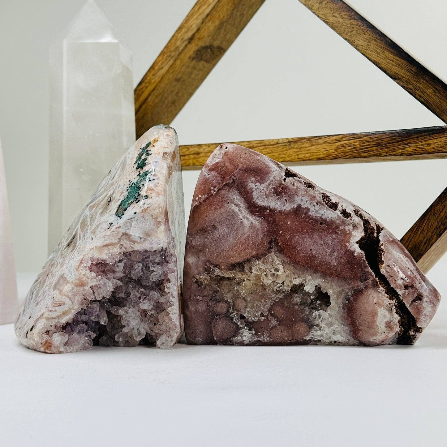 pink amethyst with decorations in the background
