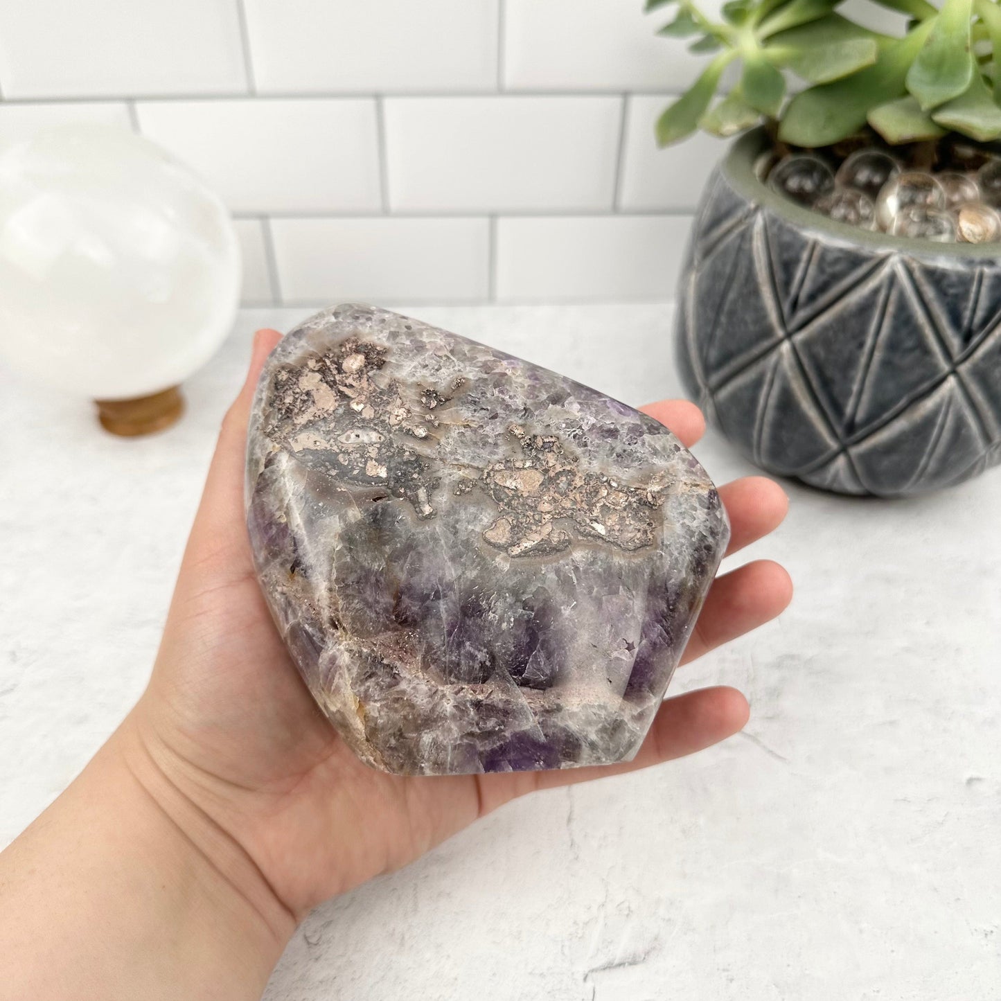 Chevron Amethyst Polished Freeform - OOAK - in hand for size reference 