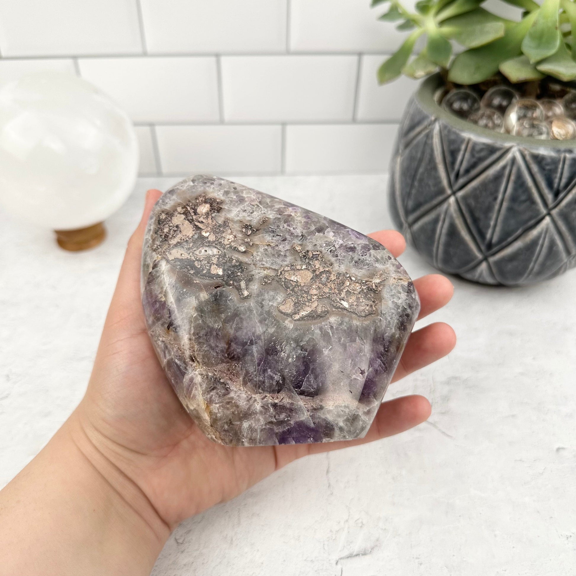 Chevron Amethyst Polished Freeform - OOAK - in hand for size reference 