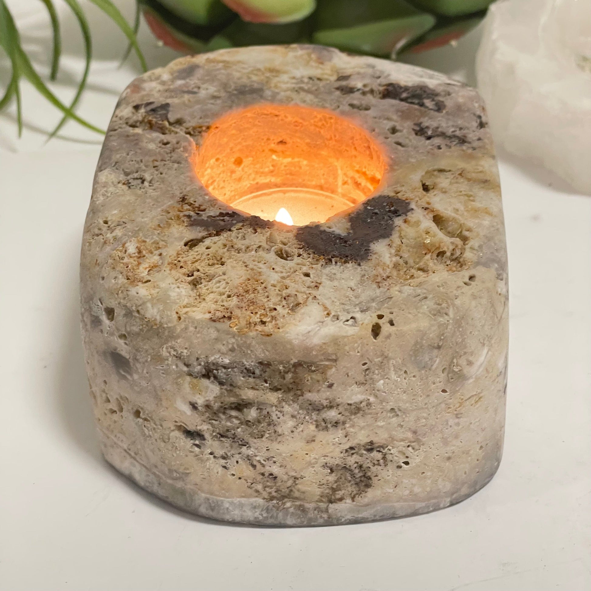 Pink Amethyst Crystal Candle Holder - One-of-a-Kind side view