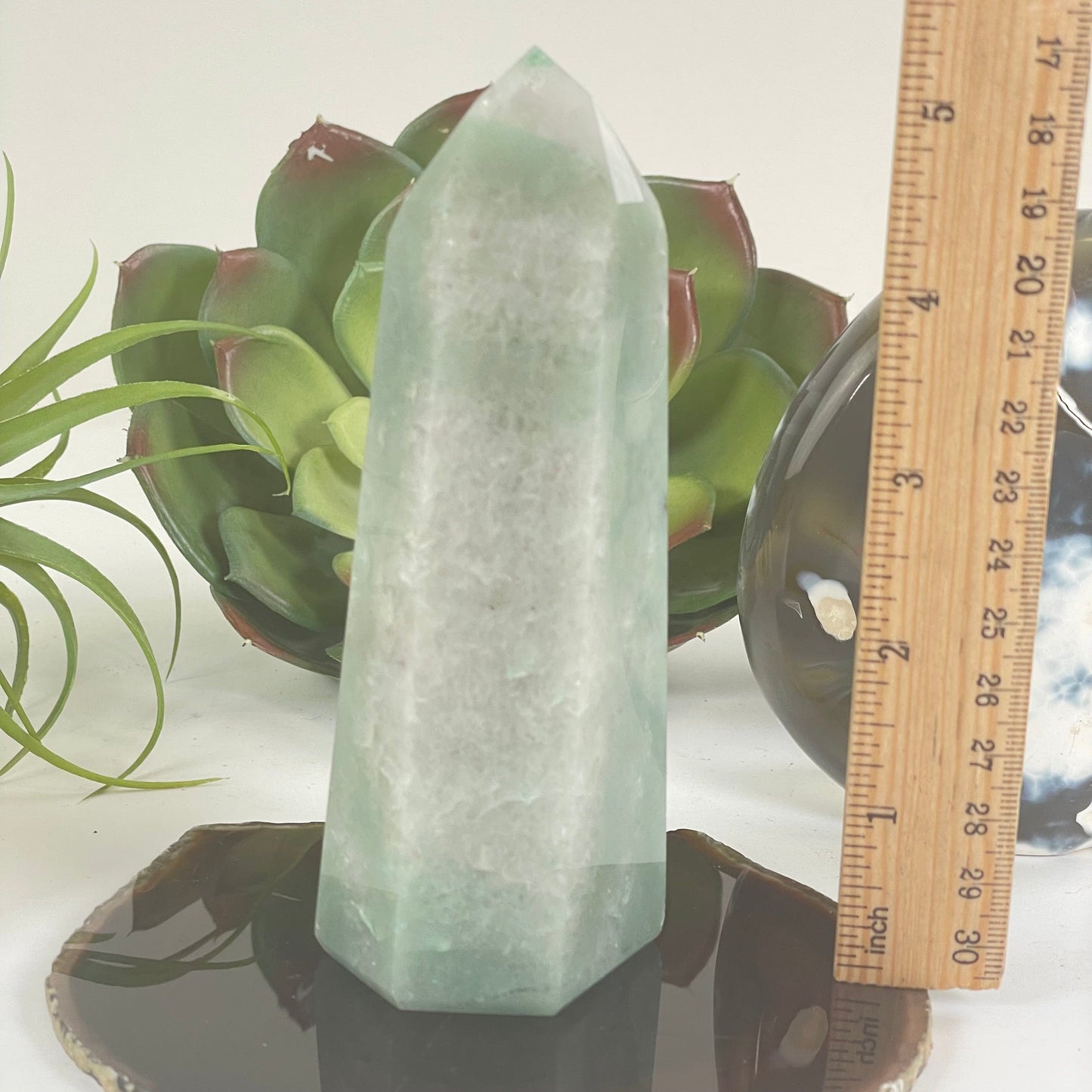 Green and White Quartz Polished Crystal Point - One-of-a-Kind with ruler for size reference