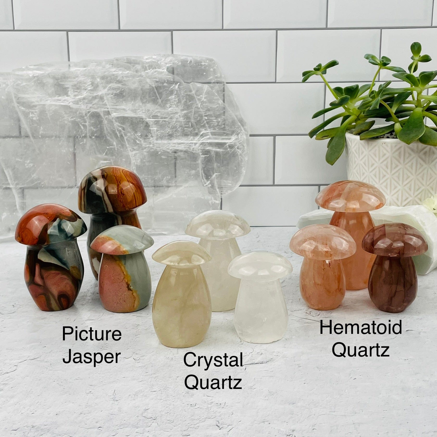 gemstone mushroom next to its crystal name 