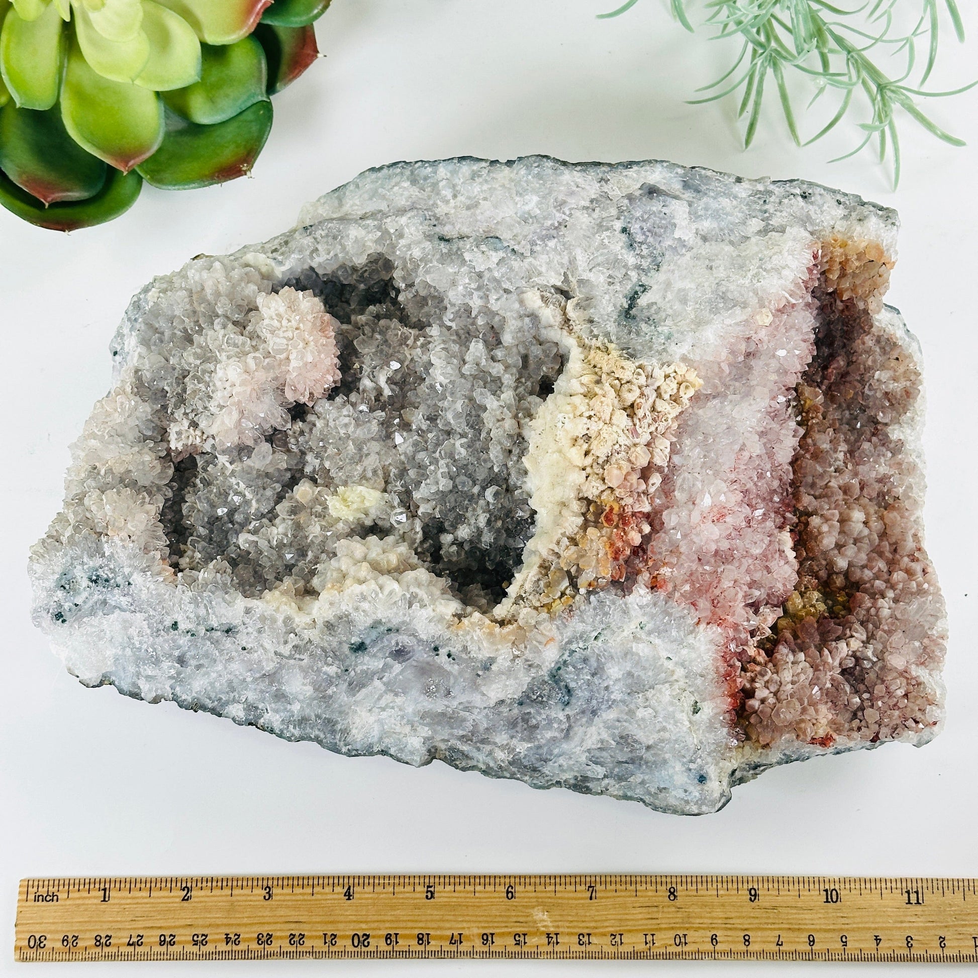 Gray Amethyst Large Crystal Cluster with Hematite and Calcite - One-of-a-Kind with ruler for size reference