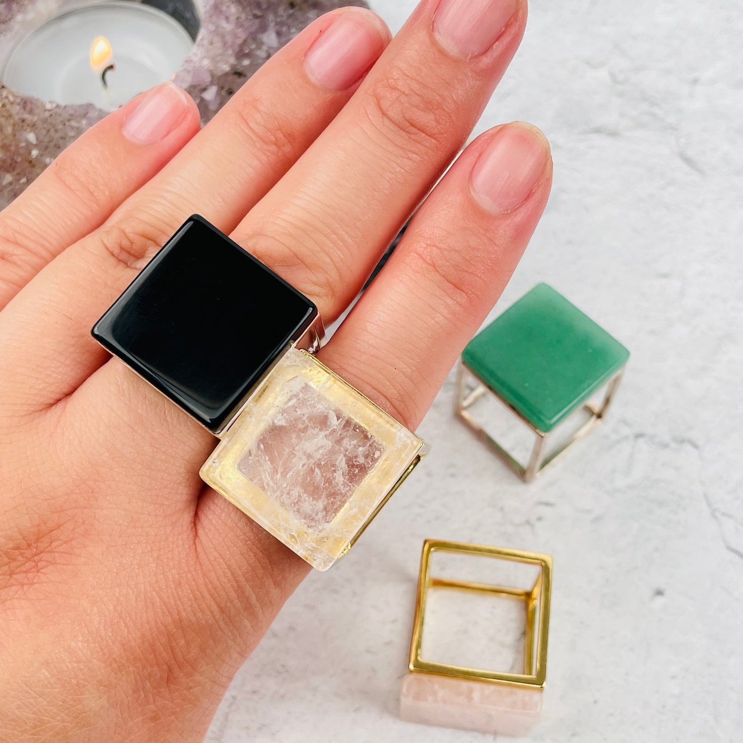 Gemstone Ring - Unique Square Crystals with Gold or Silver Band