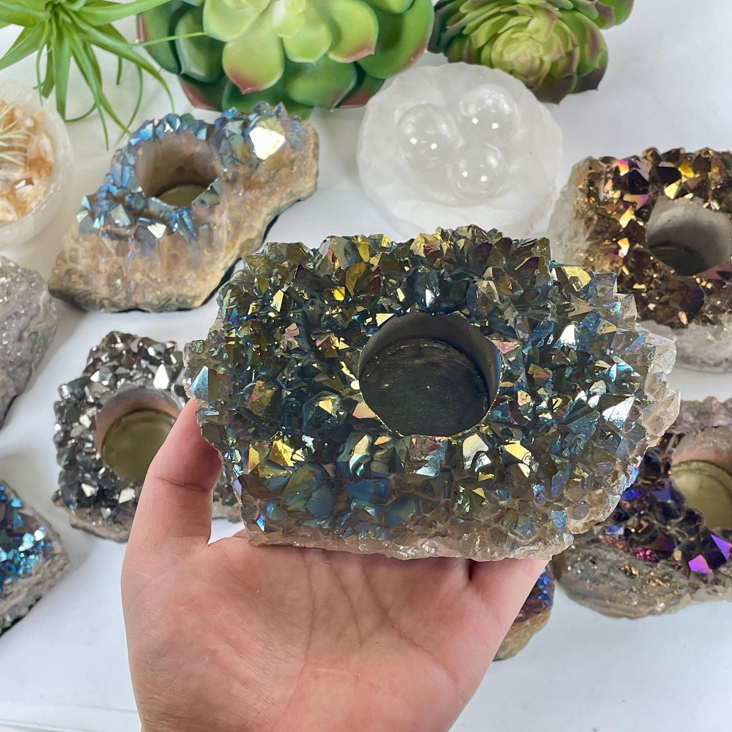 Titanium Coated Amethyst Crystal Candle Holder - You Choose one in hand for size reference  with other variants in backround