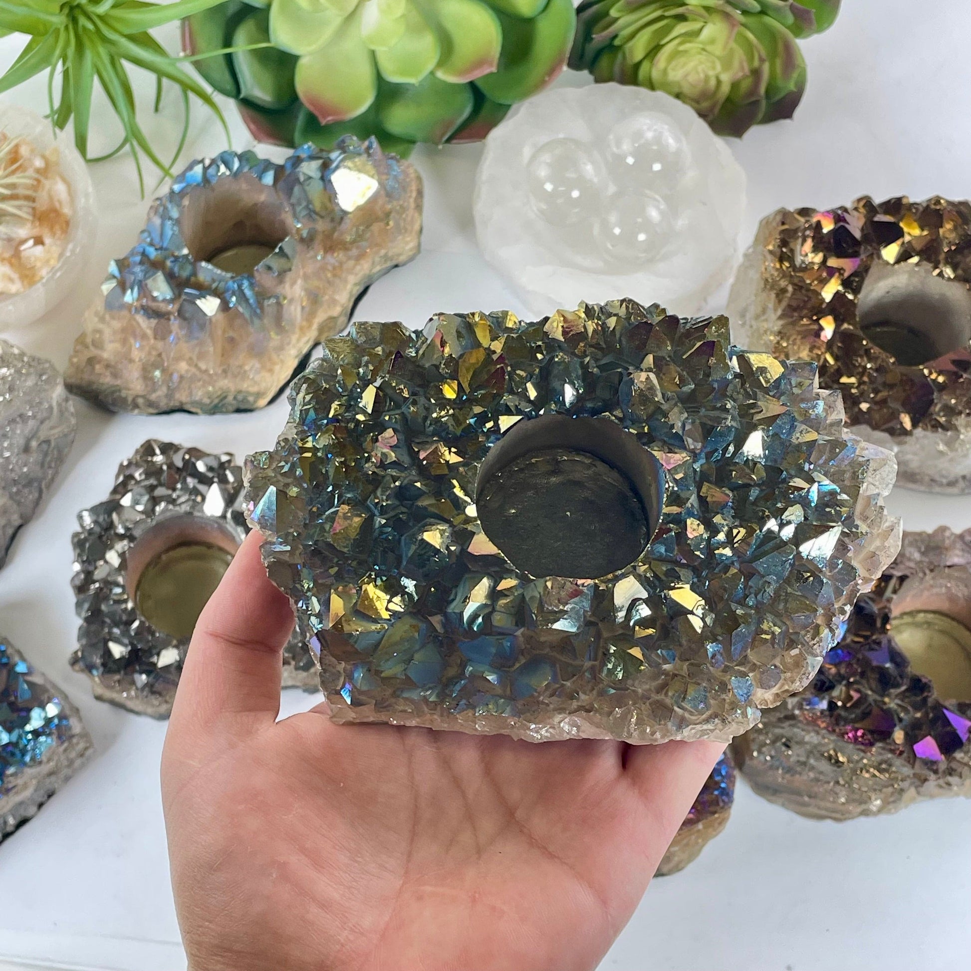 Titanium Coated Amethyst Crystal Candle Holder - You Choose one in hand for size reference  with other variants in backround
