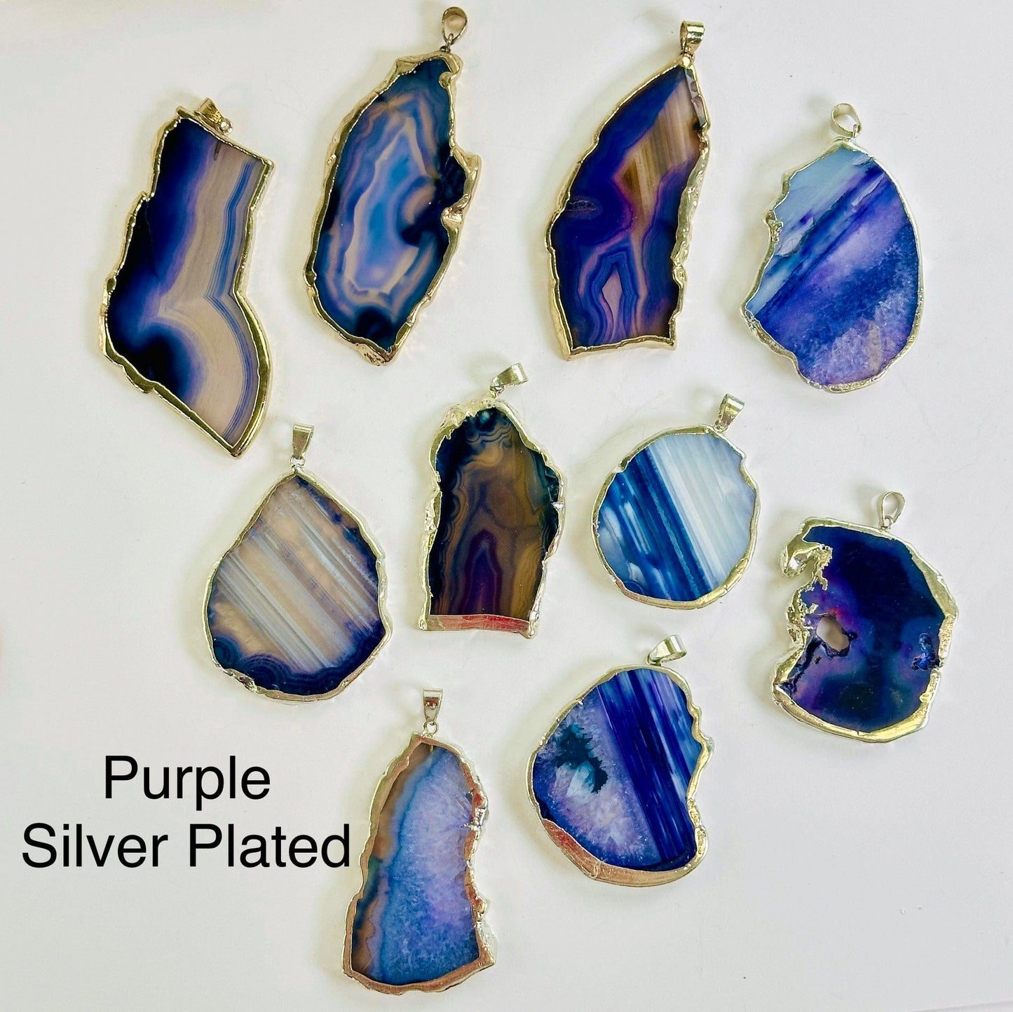 Agate Freeform Gold or Silver Plated Crystal Pendant - You Choose Color and Finish 10 each purple silver plated variant labeled