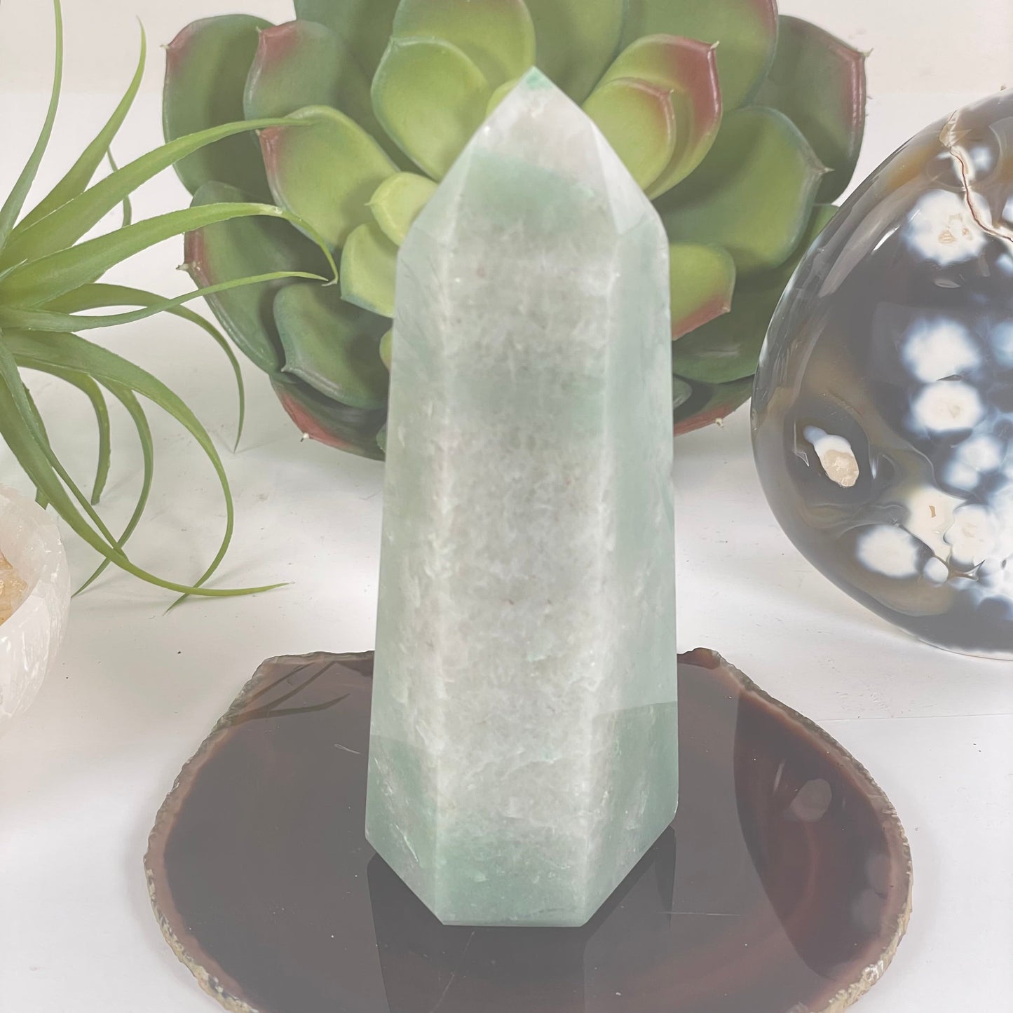 Green and White Quartz Polished Crystal Point - One-of-a-Kind front view