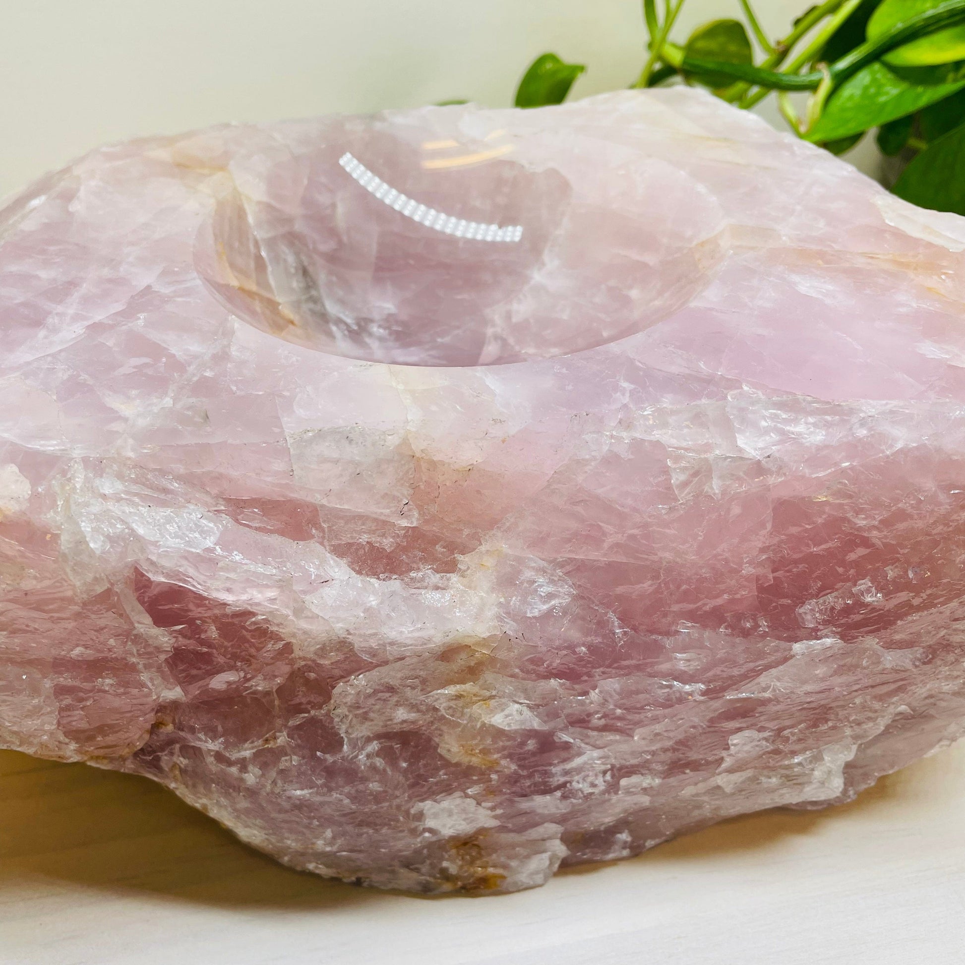 close up of the details on the rose quartz bowl 