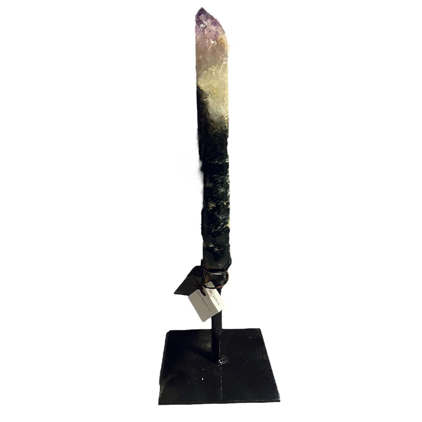 amethyst with jasper on metal stand on white background