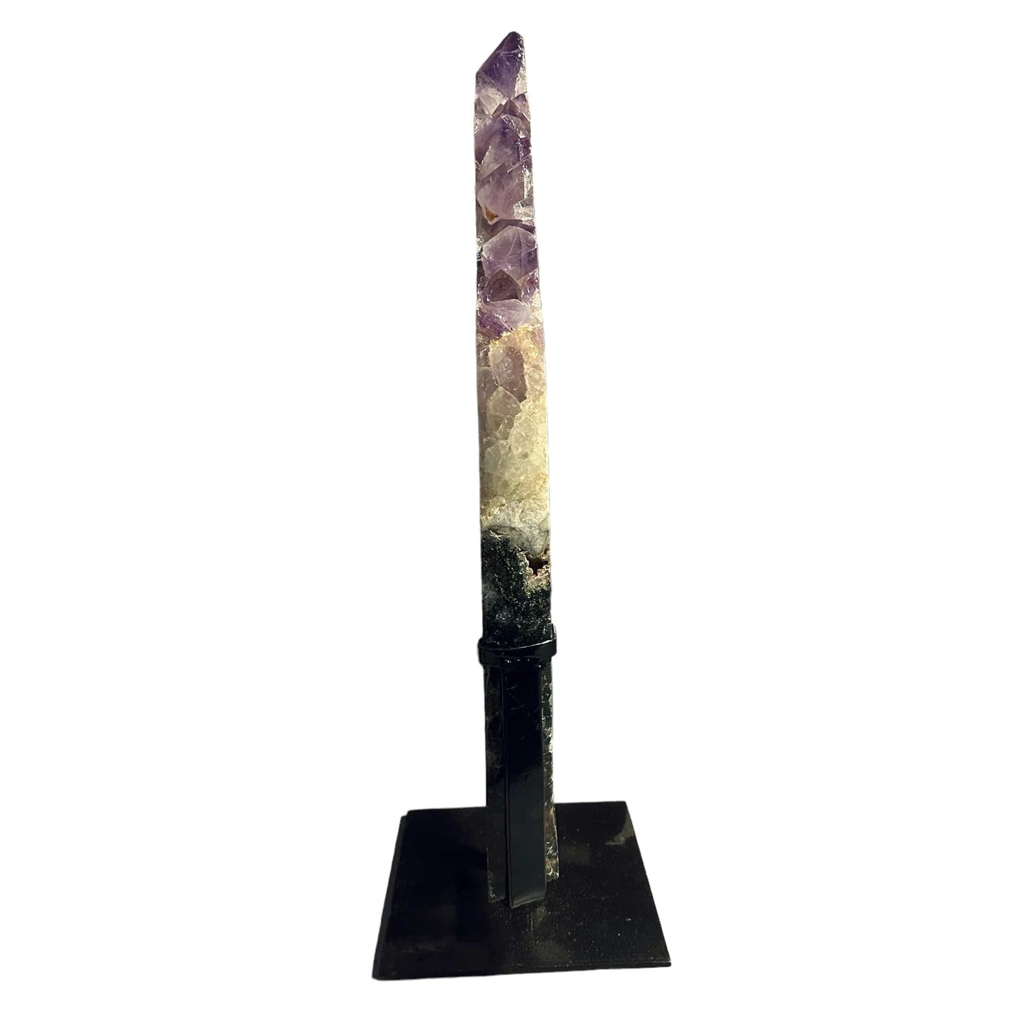 amethyst with jasper on metal stand on white background