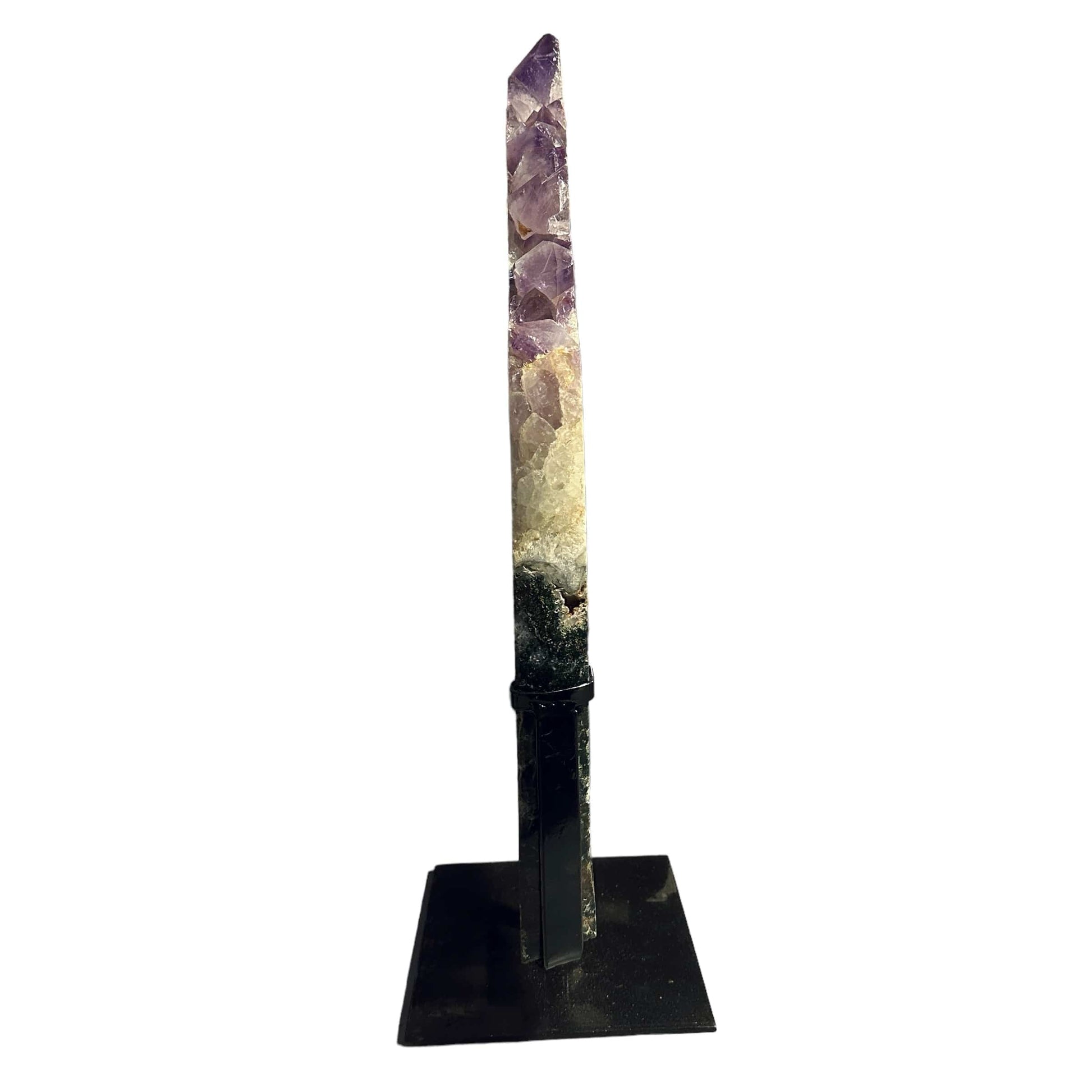 amethyst with jasper on metal stand on white background