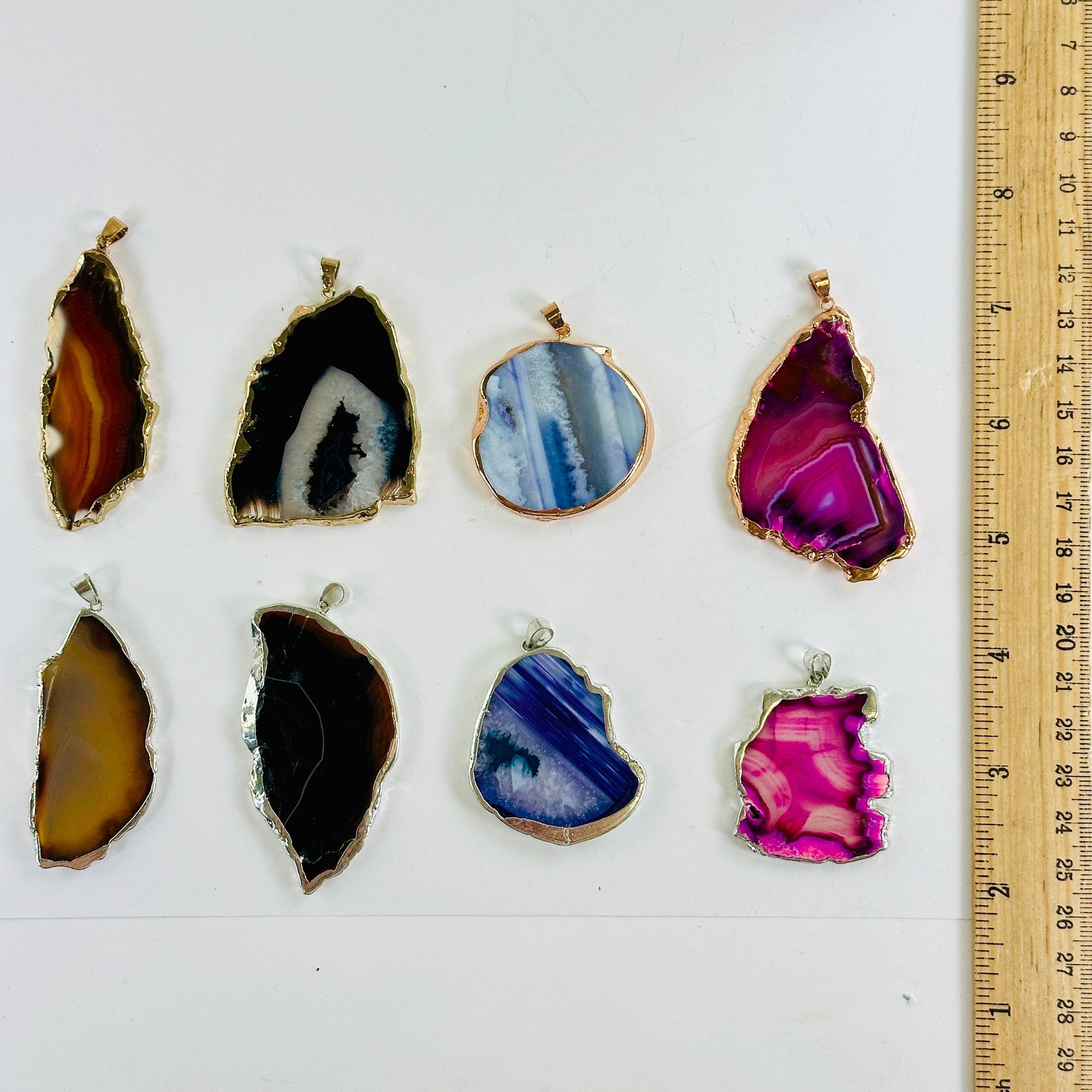 Agate Freeform Gold or Silver Plated Crystal Pendant - You Choose Color and Finish all variants with ruler for size reference