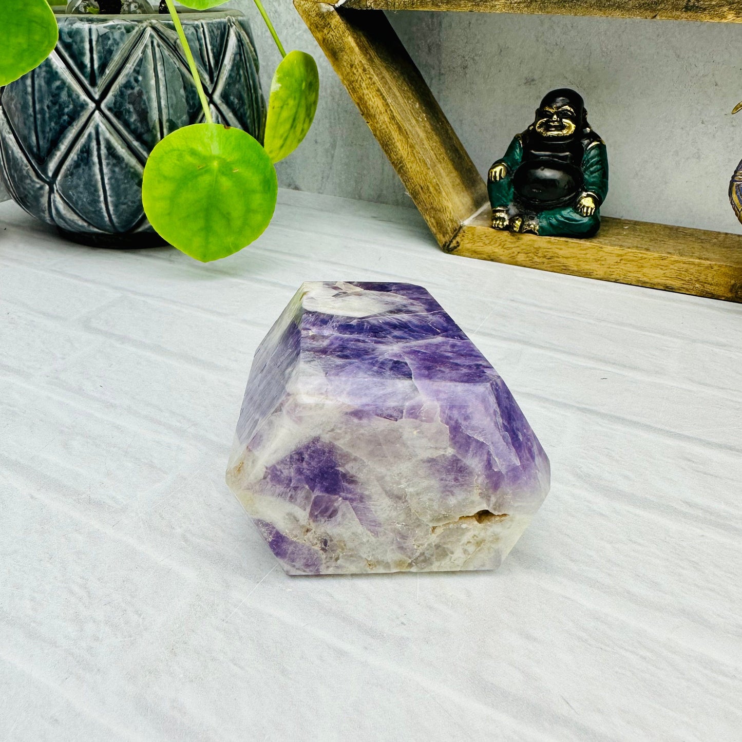  Amethyst Chevron Polished Point - laying flat for size and thickness reference 