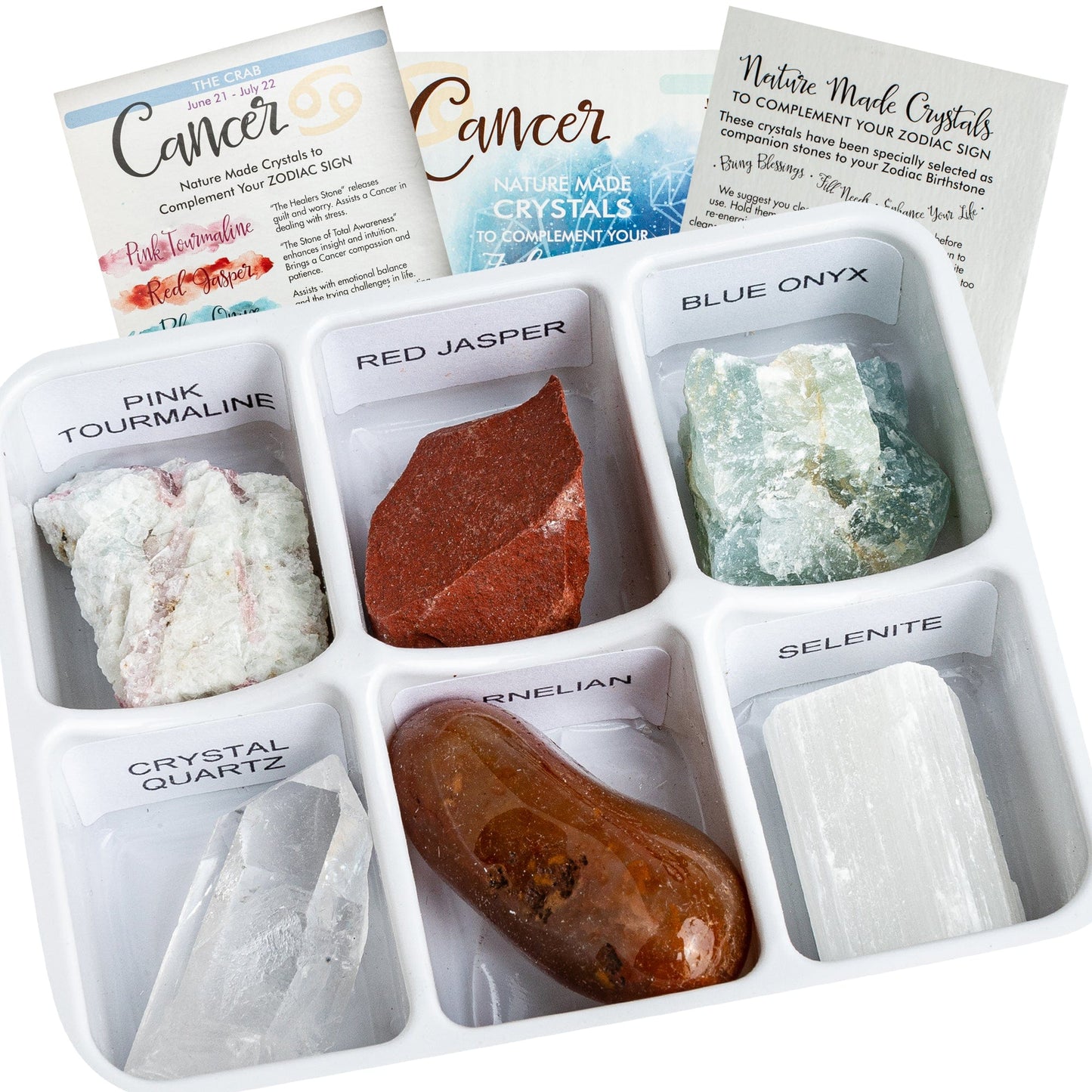Photo of six crystals contained in the cancer horoscope box.