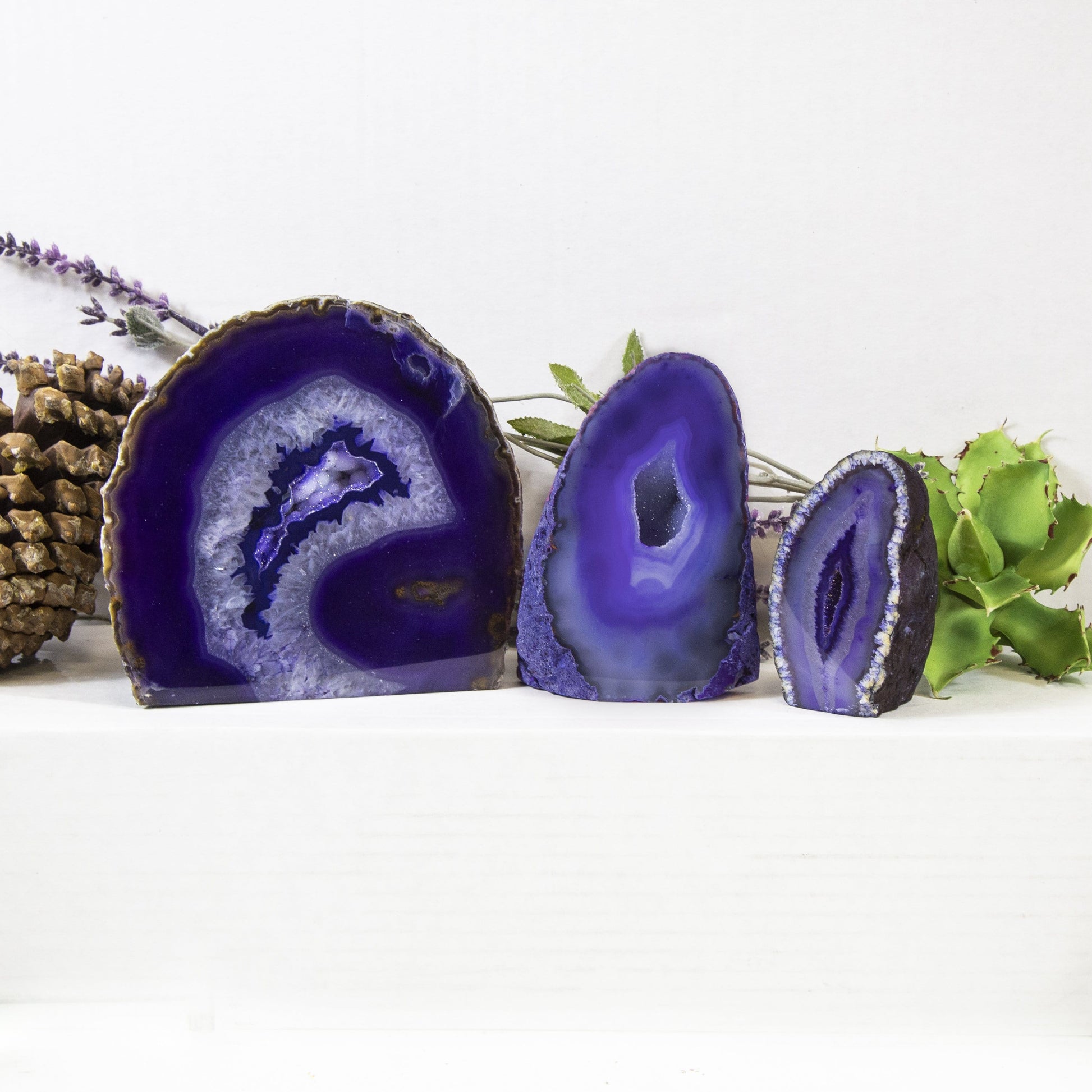 Three front facing purple Agate Half Geode Druzy in an alter with a white background displaying size, pattern and color variation.