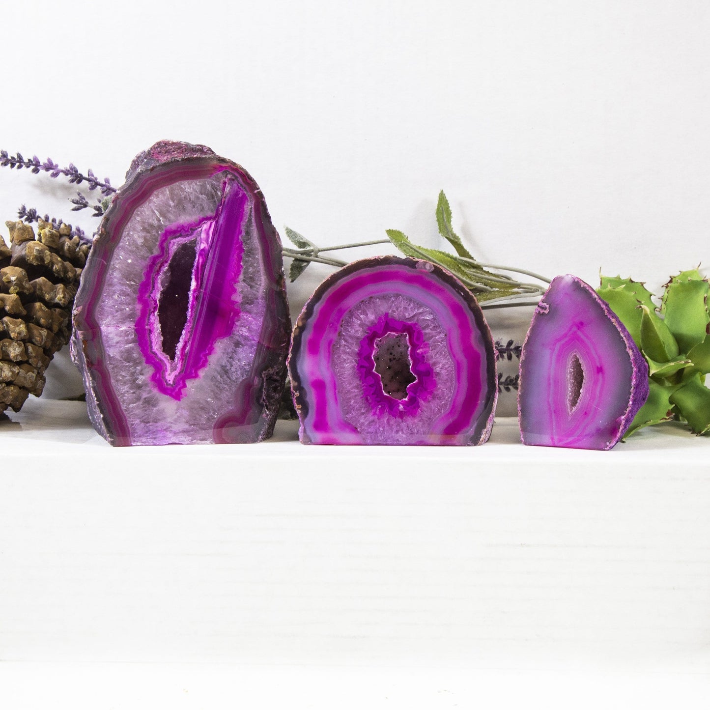 Three front facing pink Agate Half Geode Druzy in an alter with a white background displaying size, pattern and color variation.