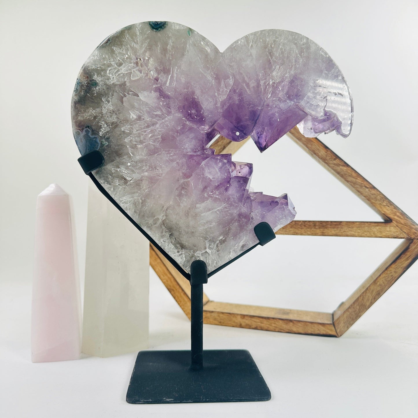 Amethyst Crystal Heart on Black Metal Stand - Valentine's Day Gift