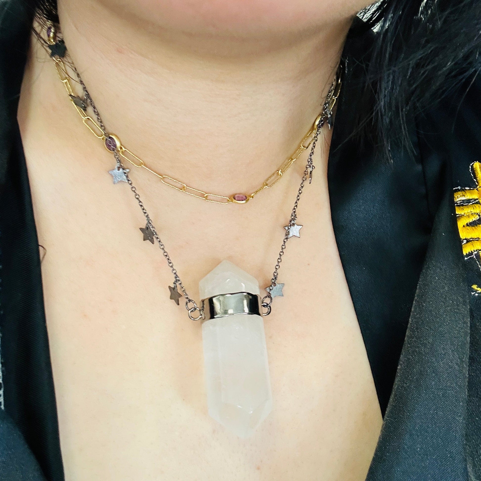 Crystal Quartz Large Pendant with Oxidized Sterling Silver Moon or Star Chain - You Choose Style stars variant worn around neck