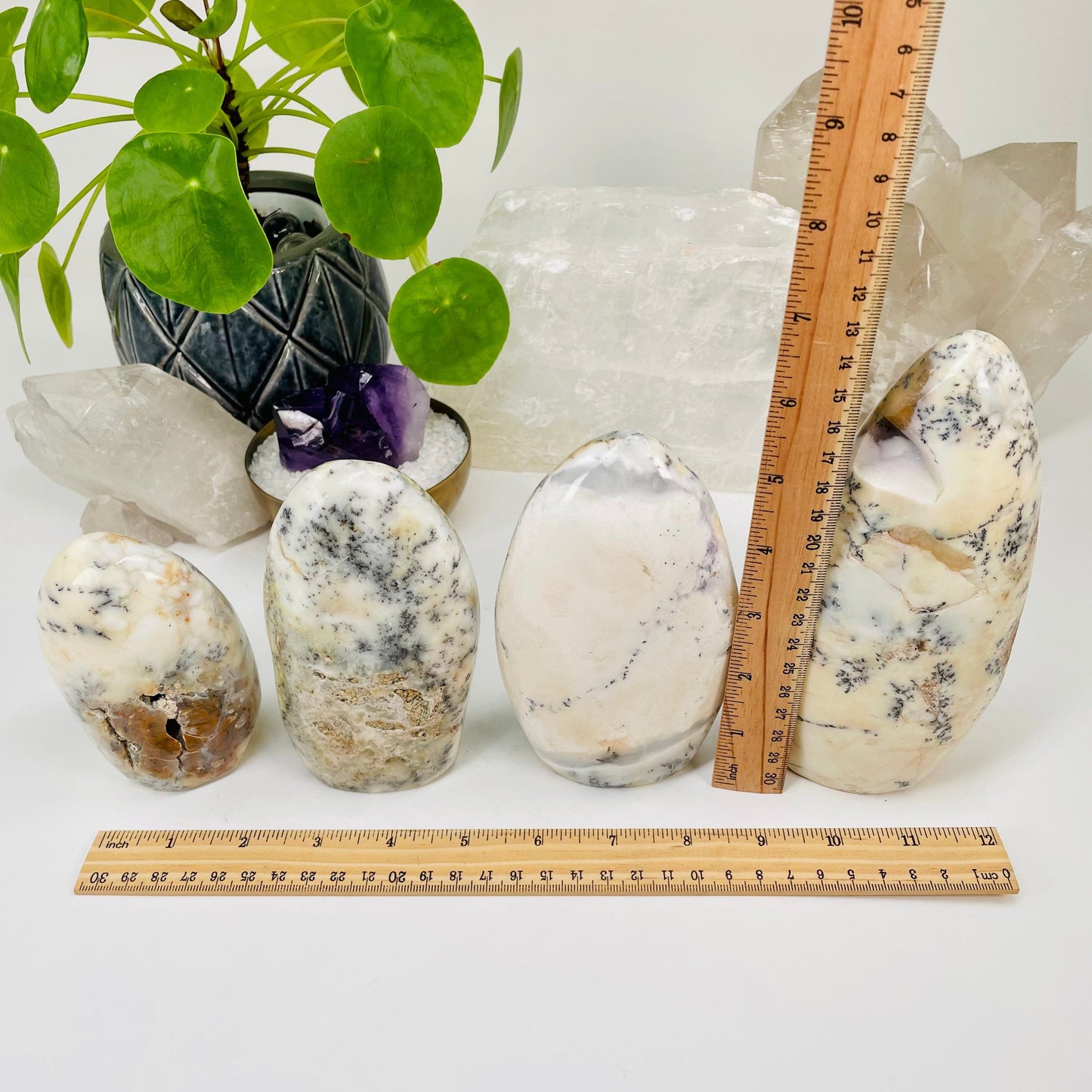 dendritic opal next to a ruler for size reference 