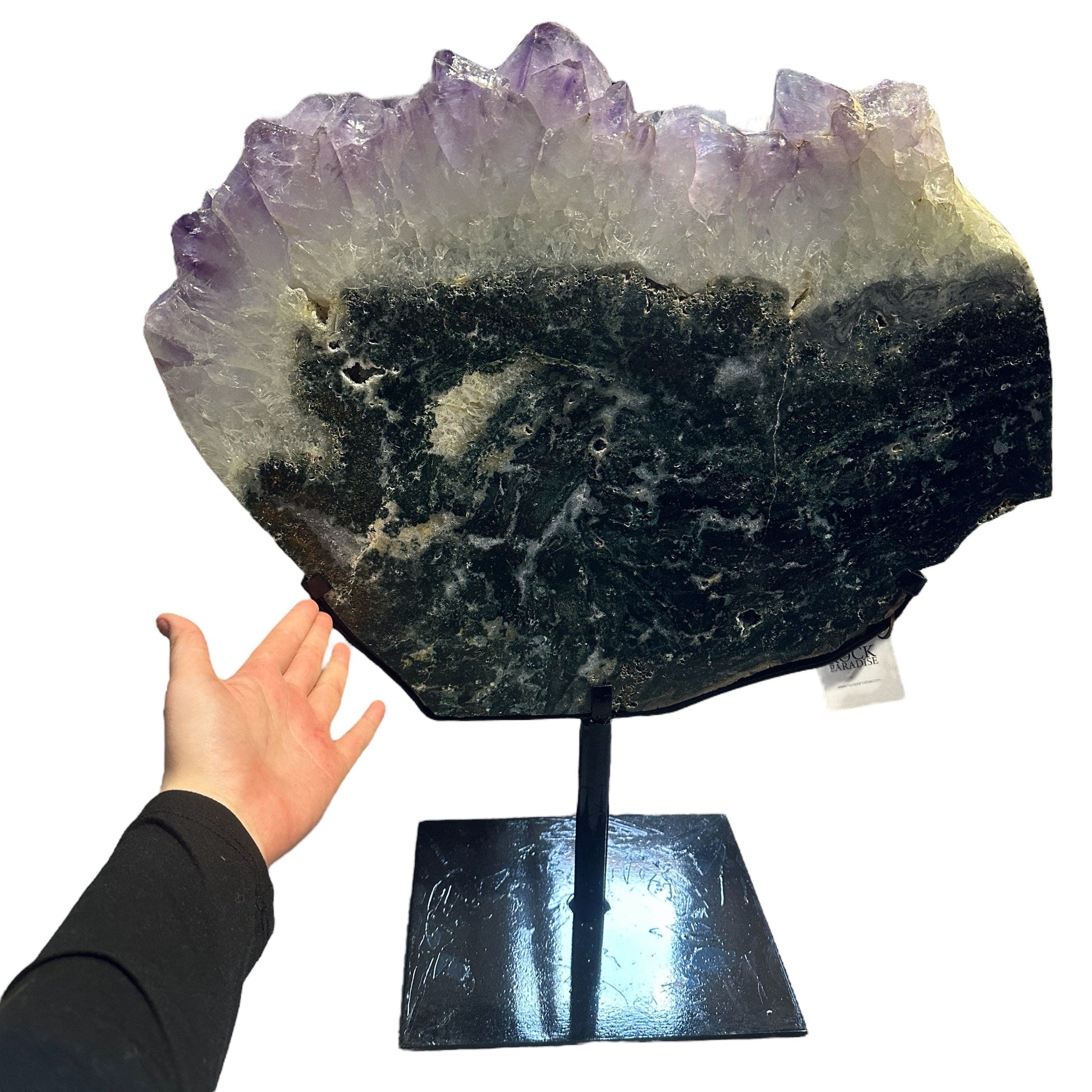 amethyst with jasper on metal stand on white background