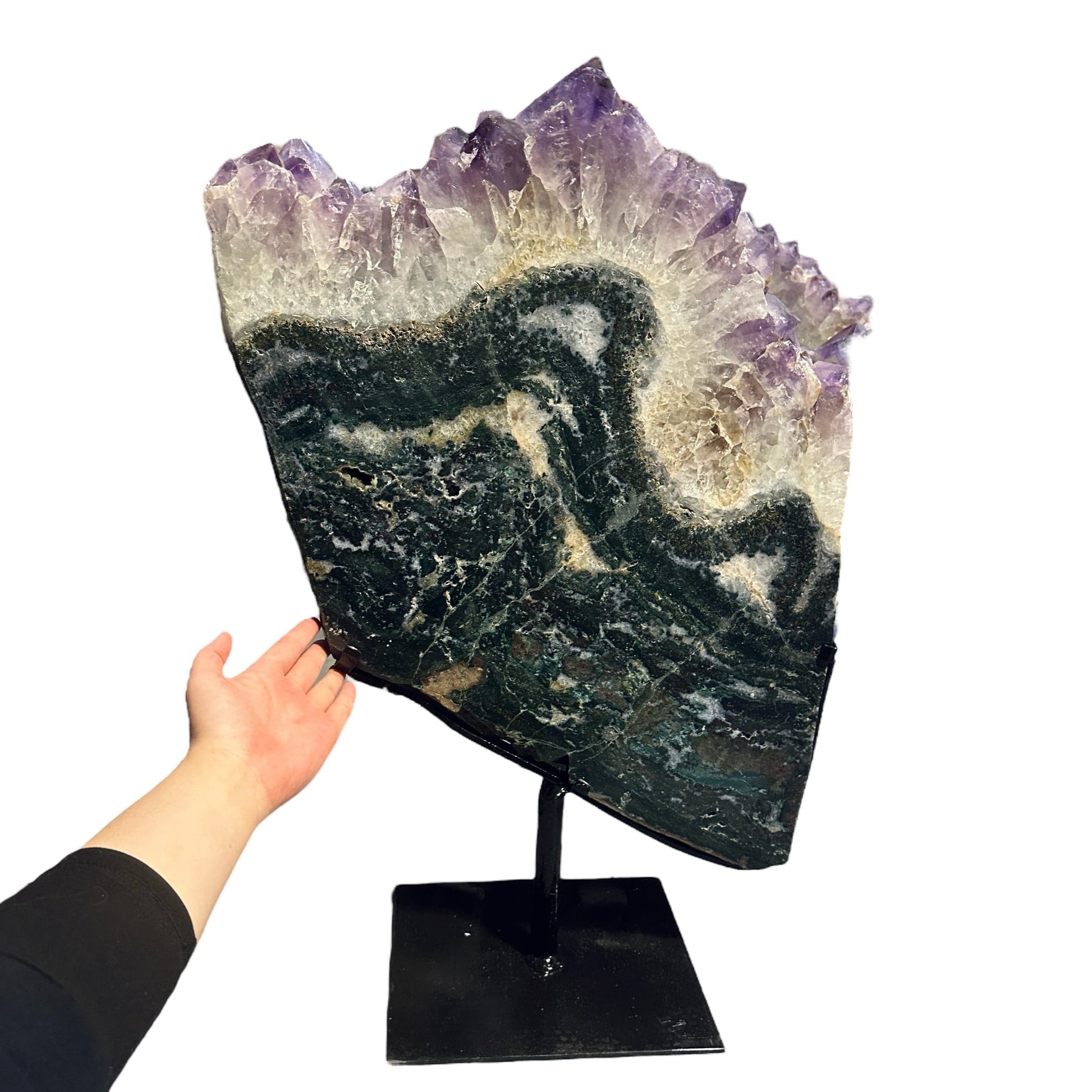 amethyst with jasper on metal stand on white background